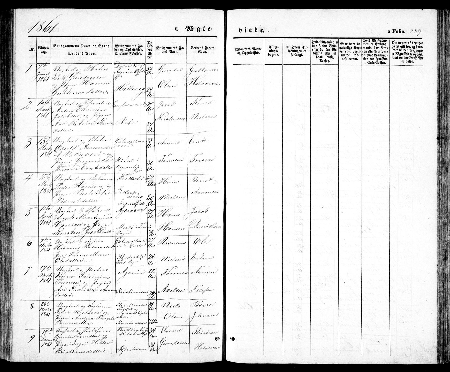 Høvåg sokneprestkontor, SAK/1111-0025/F/Fb/L0002: Parish register (copy) no. B 2, 1847-1869, p. 289
