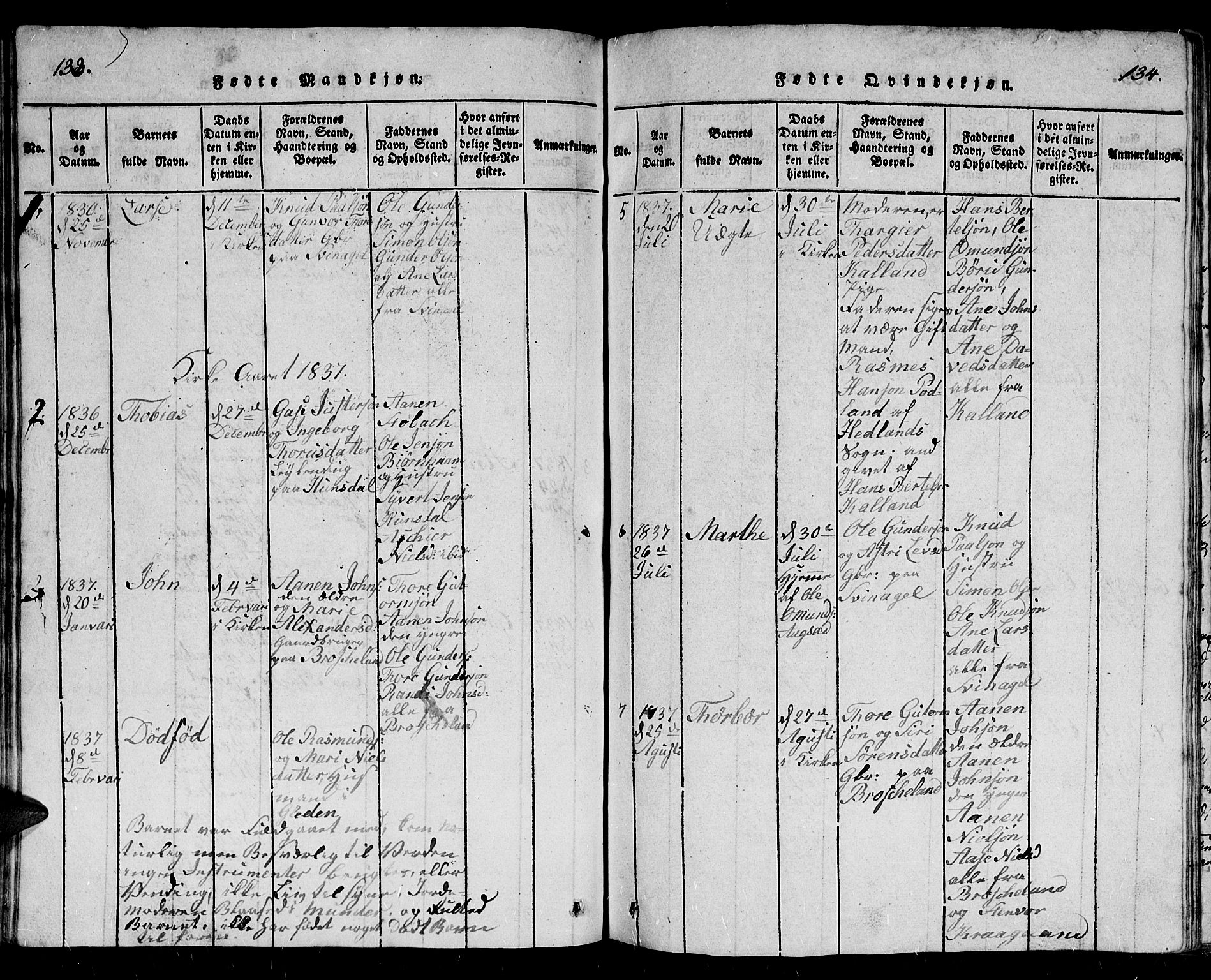 Holum sokneprestkontor, AV/SAK-1111-0022/F/Fb/Fbb/L0001: Parish register (copy) no. B 1, 1820-1847, p. 133-134