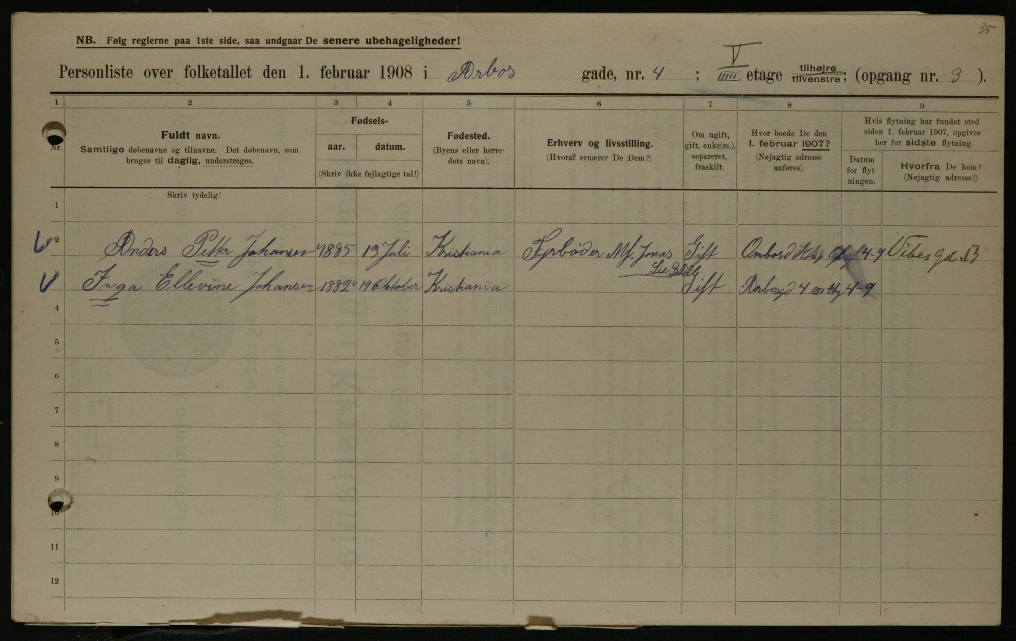 OBA, Municipal Census 1908 for Kristiania, 1908, p. 2108