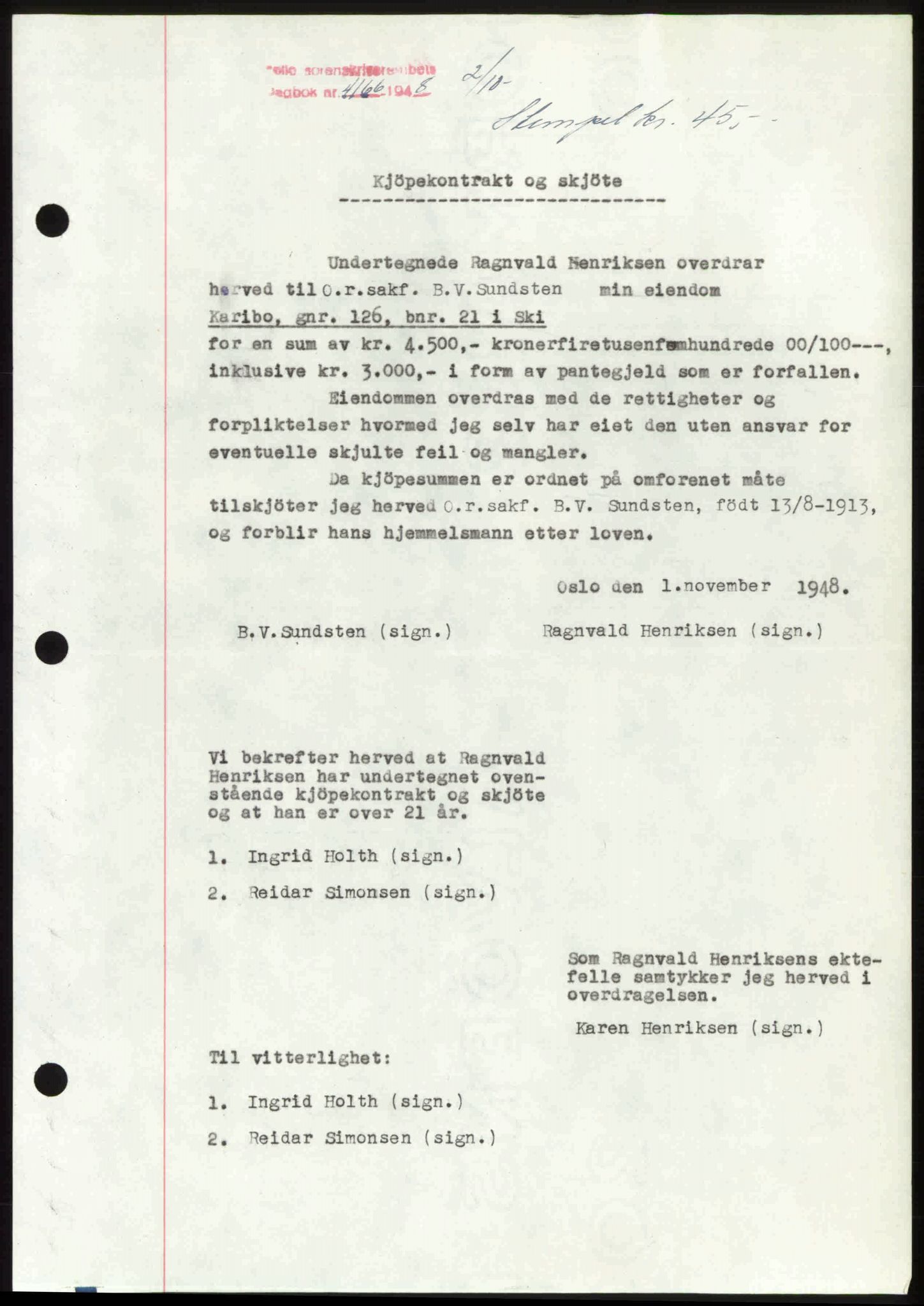 Follo sorenskriveri, SAO/A-10274/G/Ga/Gaa/L0085: Mortgage book no. I 85, 1948-1948, Diary no: : 4166/1948