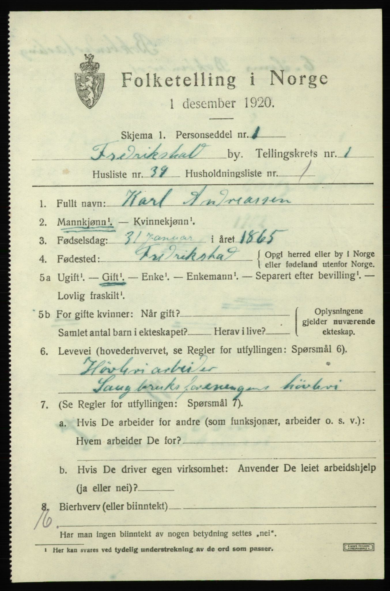 SAO, 1920 census for Fredrikshald, 1920, p. 8845