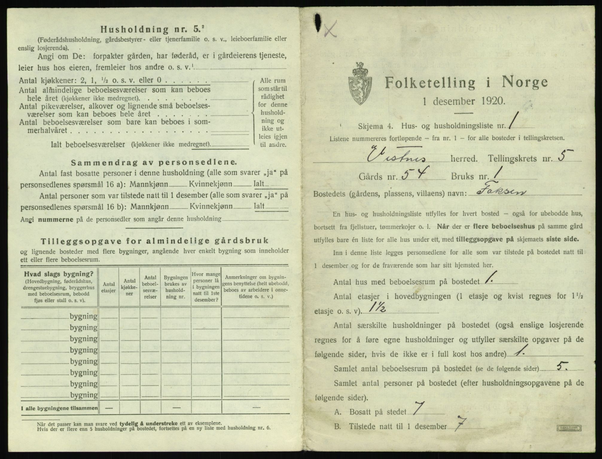 SAT, 1920 census for Vestnes, 1920, p. 579