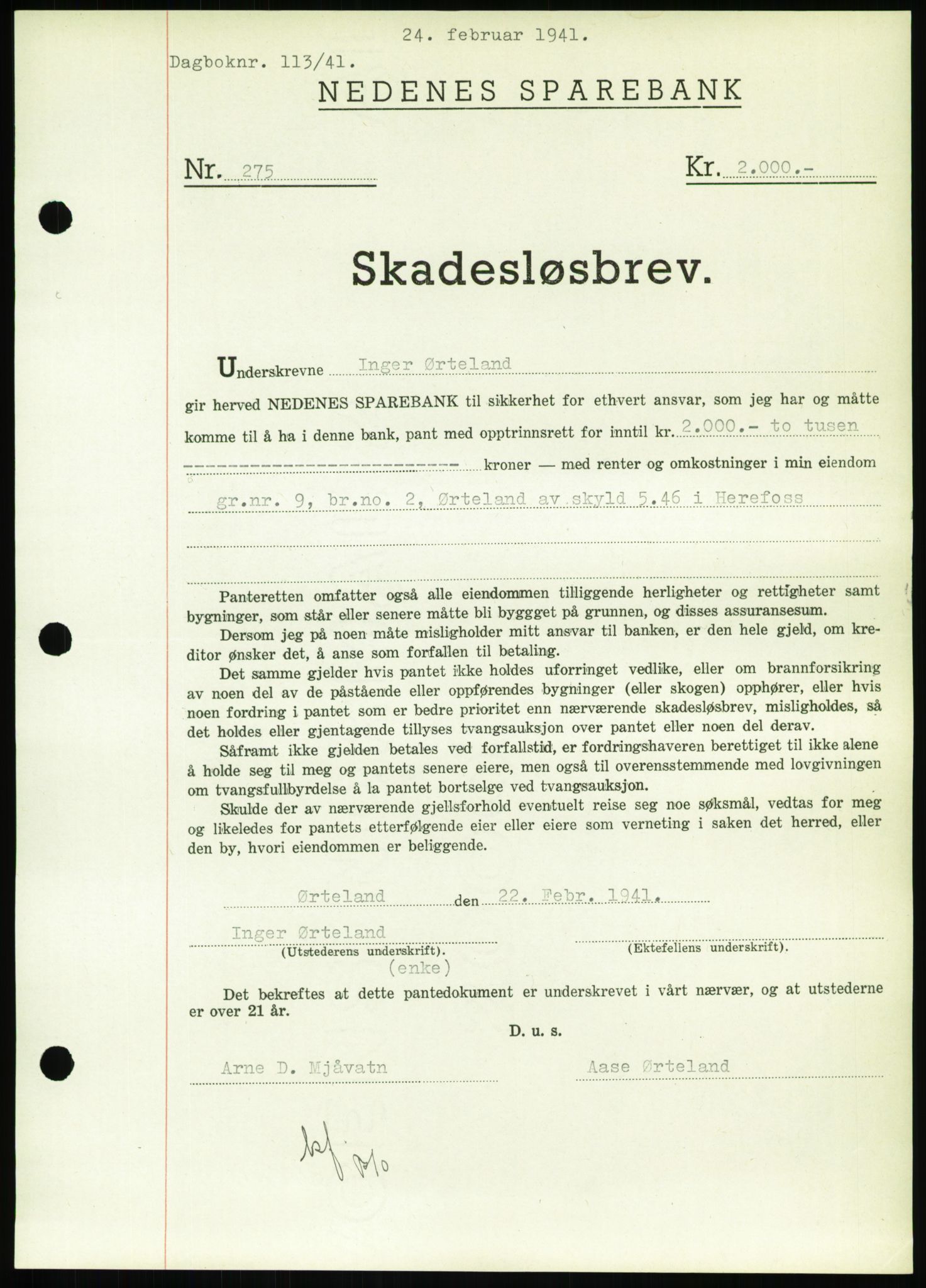 Nedenes sorenskriveri, AV/SAK-1221-0006/G/Gb/Gbb/L0001: Mortgage book no. I, 1939-1942, Diary no: : 113/1941