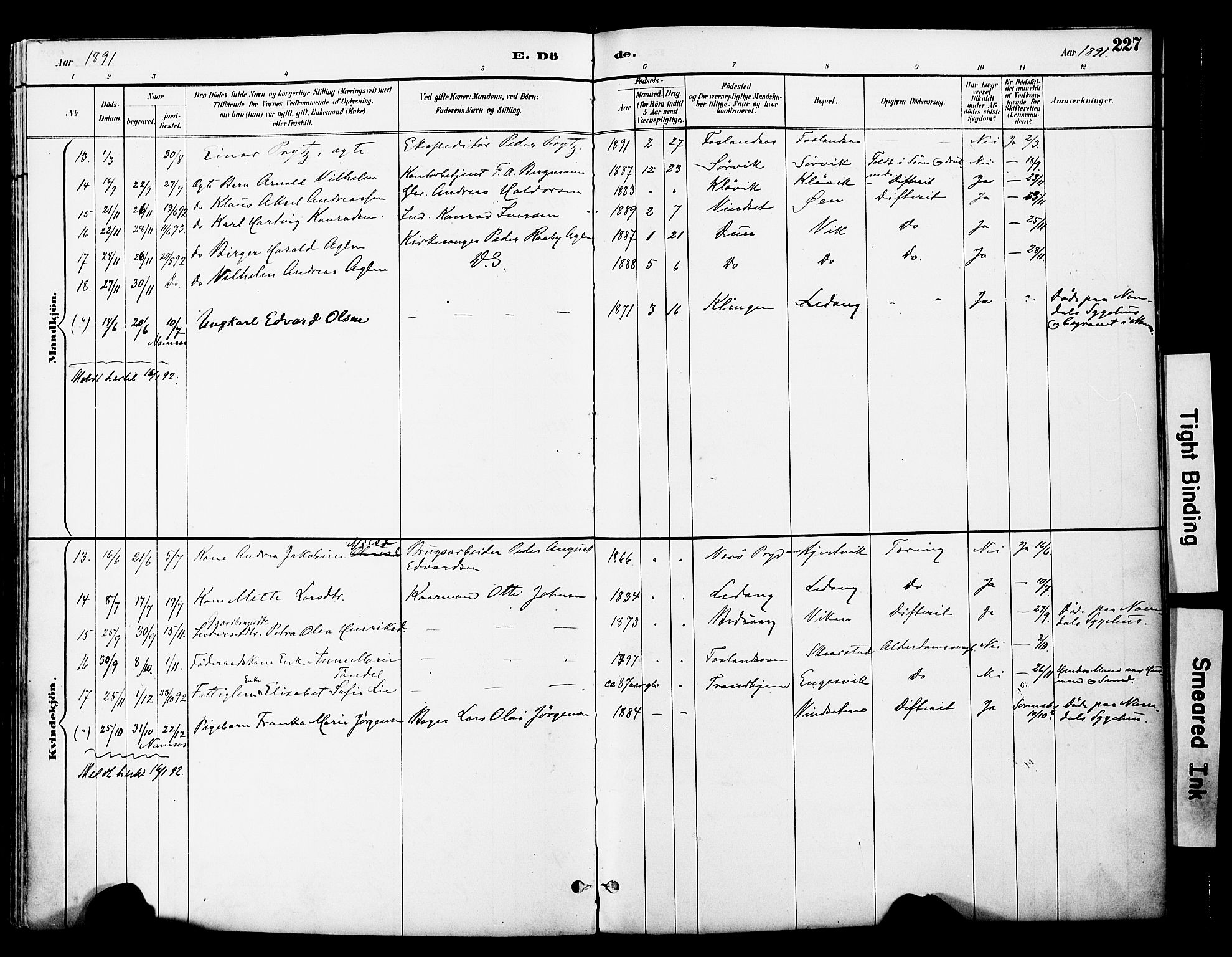 Ministerialprotokoller, klokkerbøker og fødselsregistre - Nord-Trøndelag, SAT/A-1458/774/L0628: Parish register (official) no. 774A02, 1887-1903, p. 227