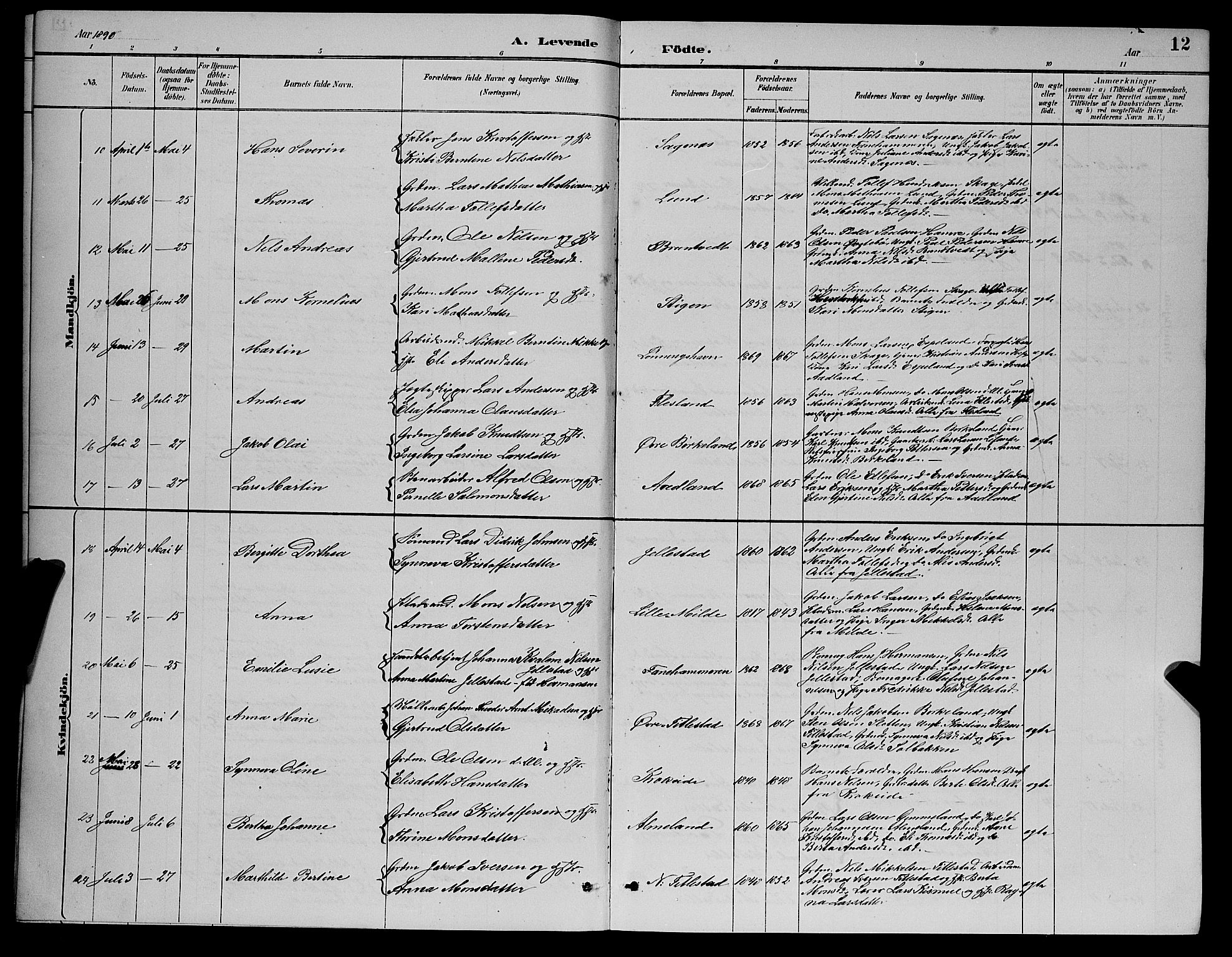 Fana Sokneprestembete, AV/SAB-A-75101/H/Hab/Haba/L0002: Parish register (copy) no. A 2, 1889-1895, p. 12