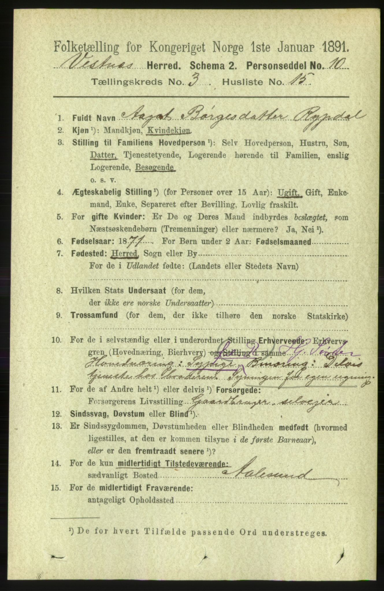 RA, 1891 census for 1535 Vestnes, 1891, p. 959