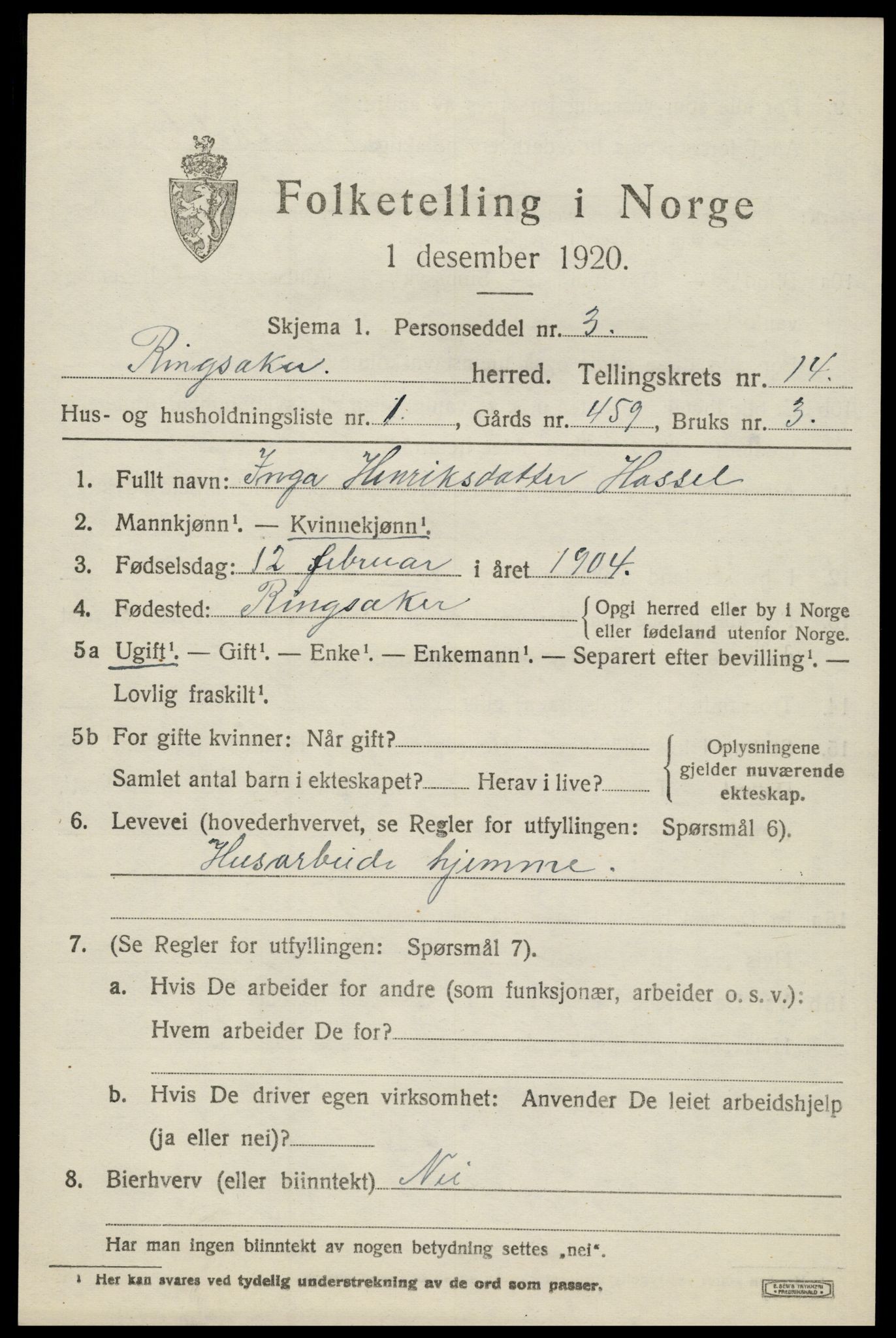 SAH, 1920 census for Ringsaker, 1920, p. 21564