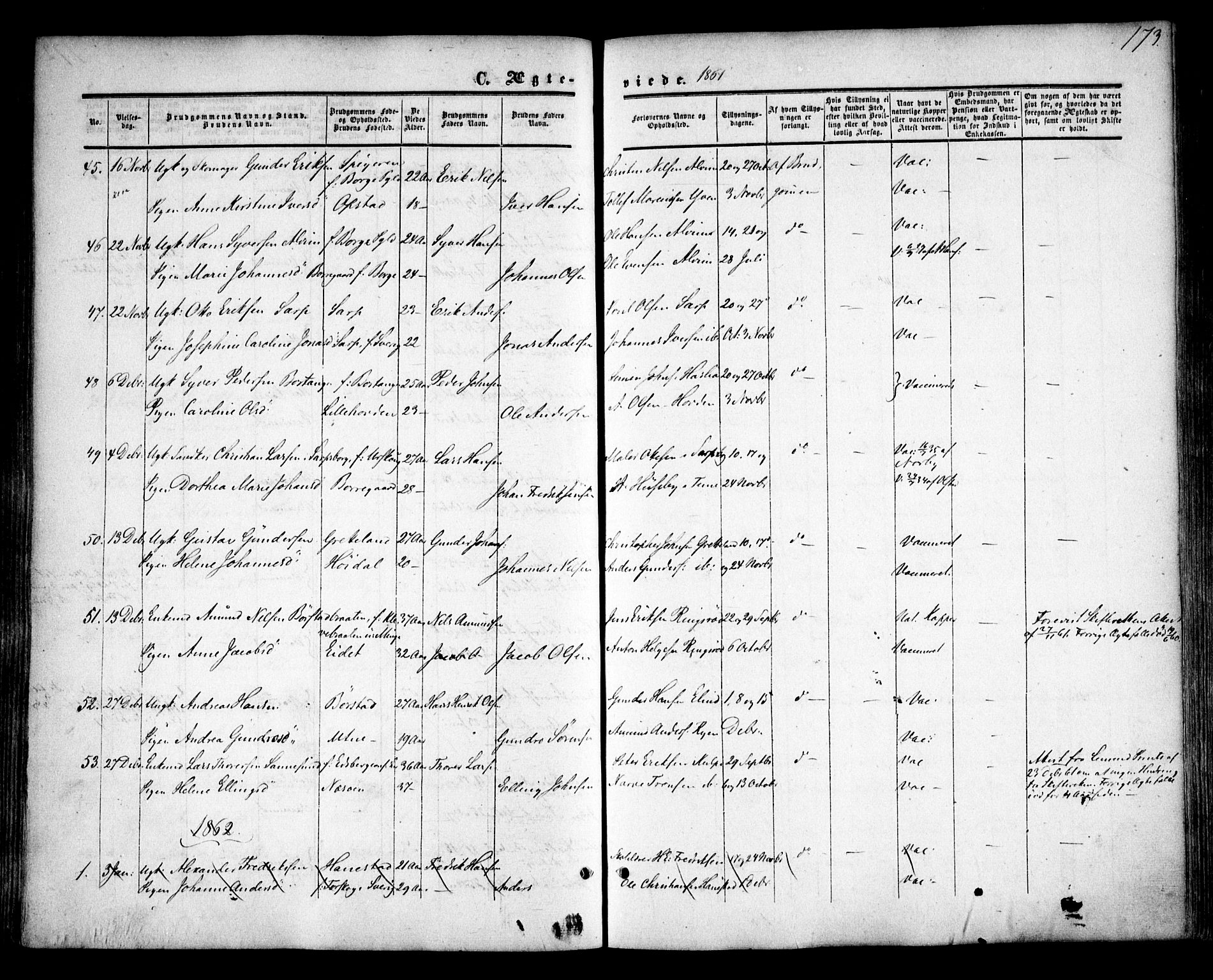Tune prestekontor Kirkebøker, AV/SAO-A-2007/F/Fa/L0013: Parish register (official) no. 13, 1859-1863, p. 173