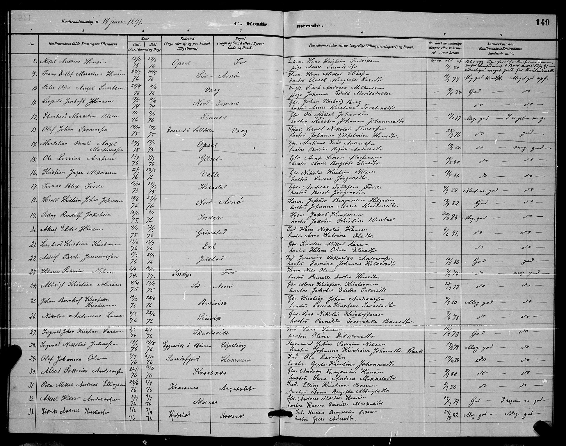 Ministerialprotokoller, klokkerbøker og fødselsregistre - Nordland, AV/SAT-A-1459/805/L0108: Parish register (copy) no. 805C04, 1885-1899, p. 149