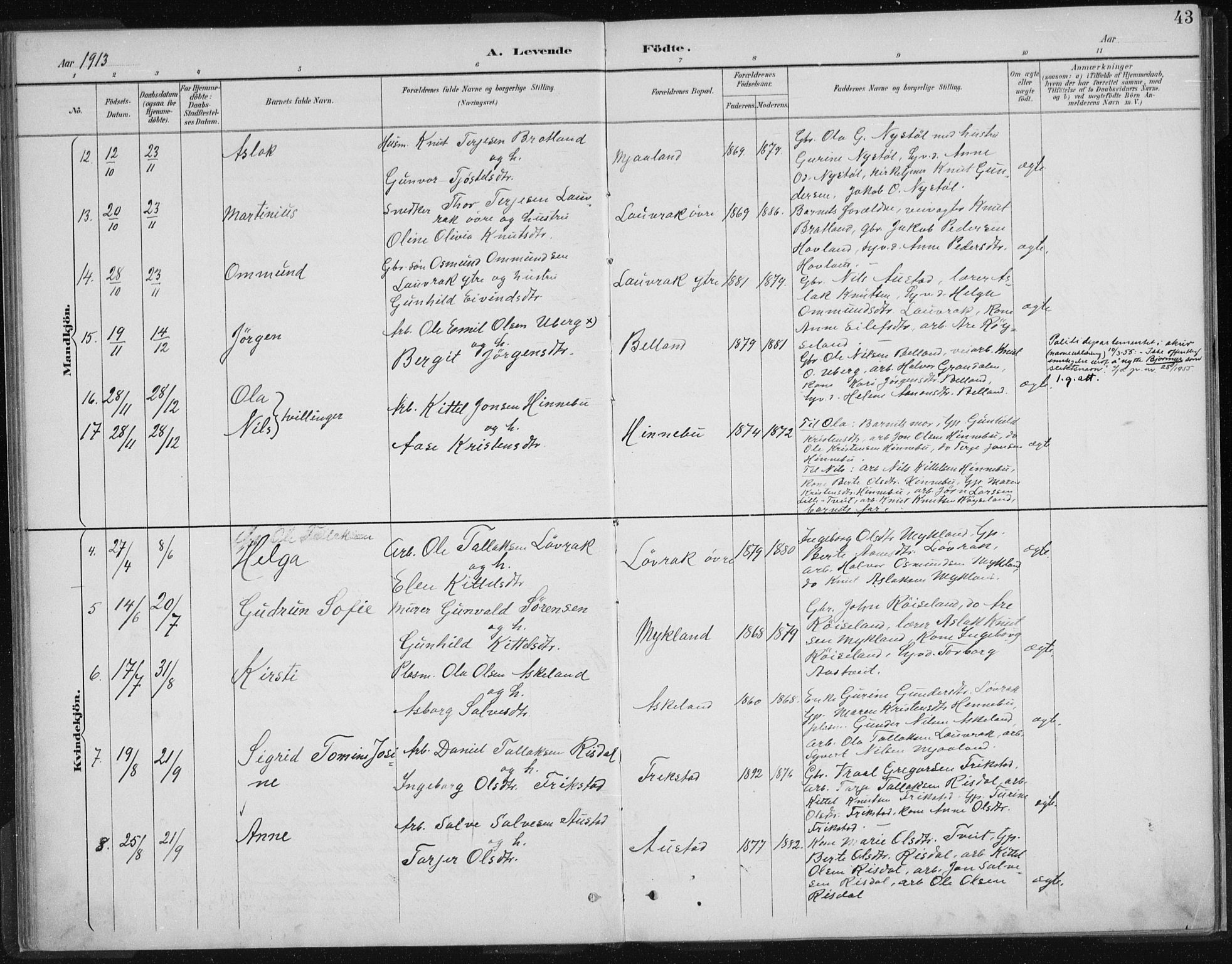 Herefoss sokneprestkontor, SAK/1111-0019/F/Fa/Fac/L0002: Parish register (official) no. A 2, 1887-1915, p. 43