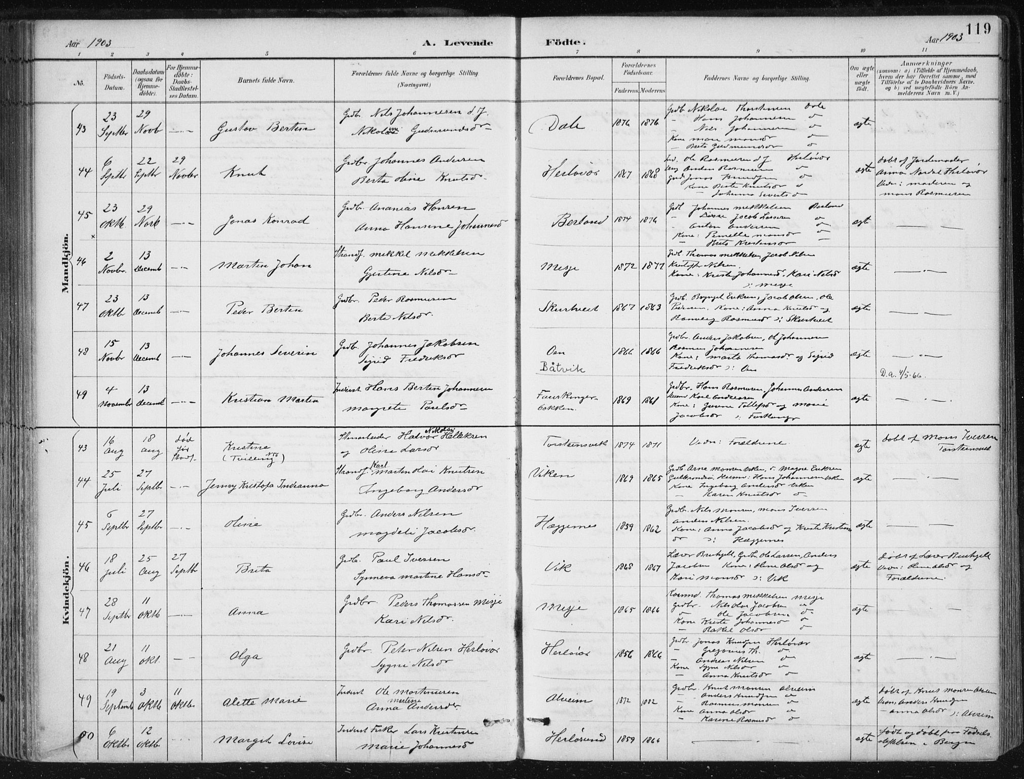 Herdla Sokneprestembete, AV/SAB-A-75701/H/Haa: Parish register (official) no. A 4, 1891-1905, p. 119