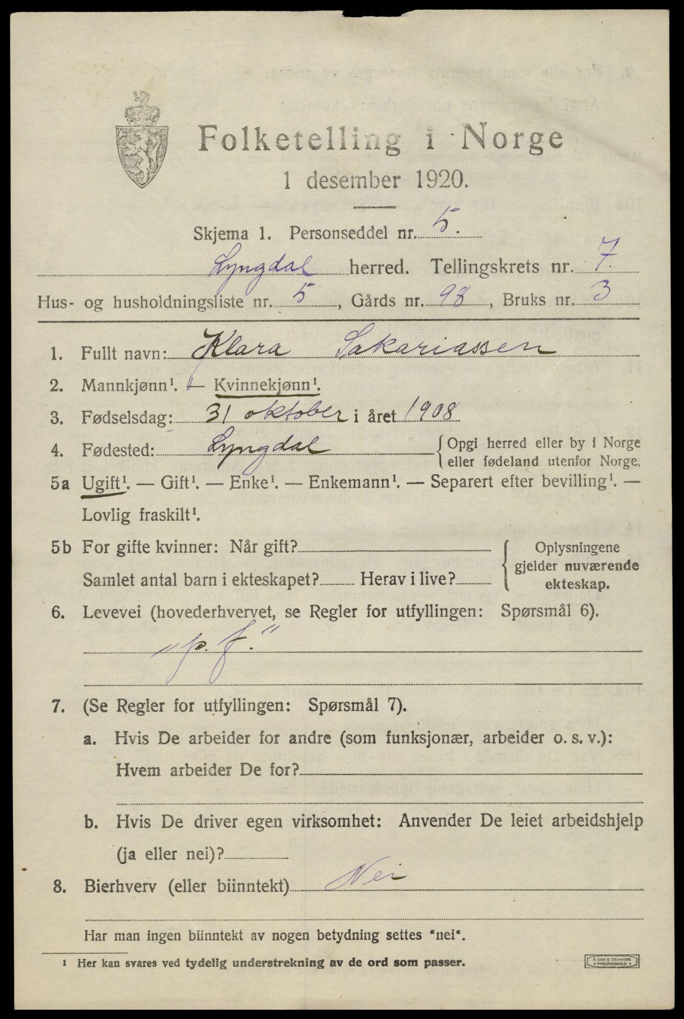 SAK, 1920 census for Lyngdal, 1920, p. 3953