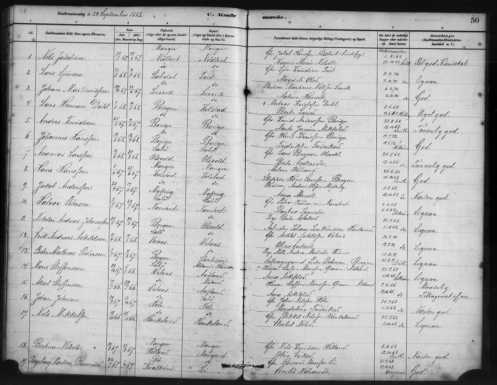 Manger sokneprestembete, AV/SAB-A-76801/H/Haa: Parish register (official) no. B 1, 1881-1892, p. 50