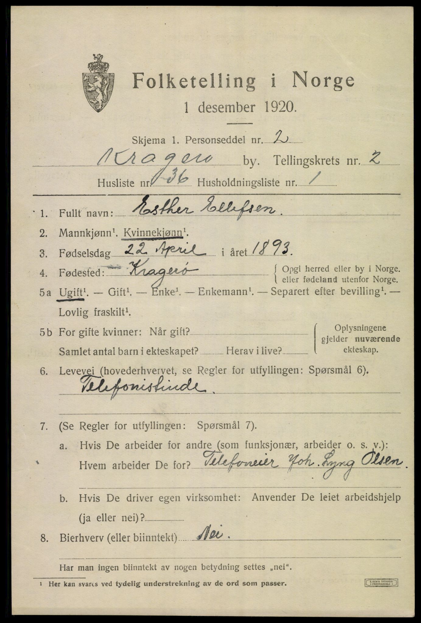SAKO, 1920 census for Kragerø, 1920, p. 5779