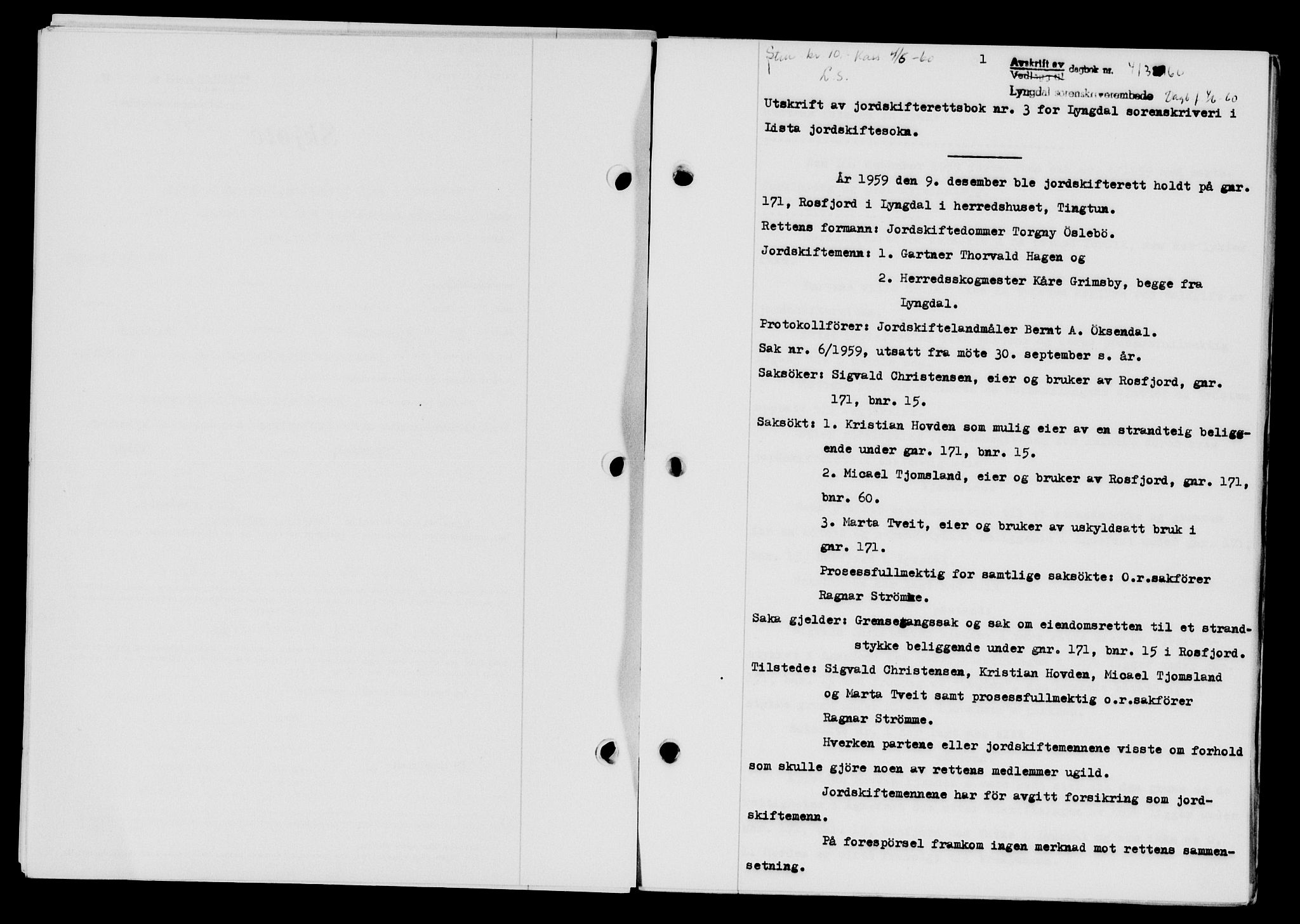 Lyngdal sorenskriveri, AV/SAK-1221-0004/G/Gb/L0679: Mortgage book no. A XXV, 1959-1960, Diary no: : 413/1960