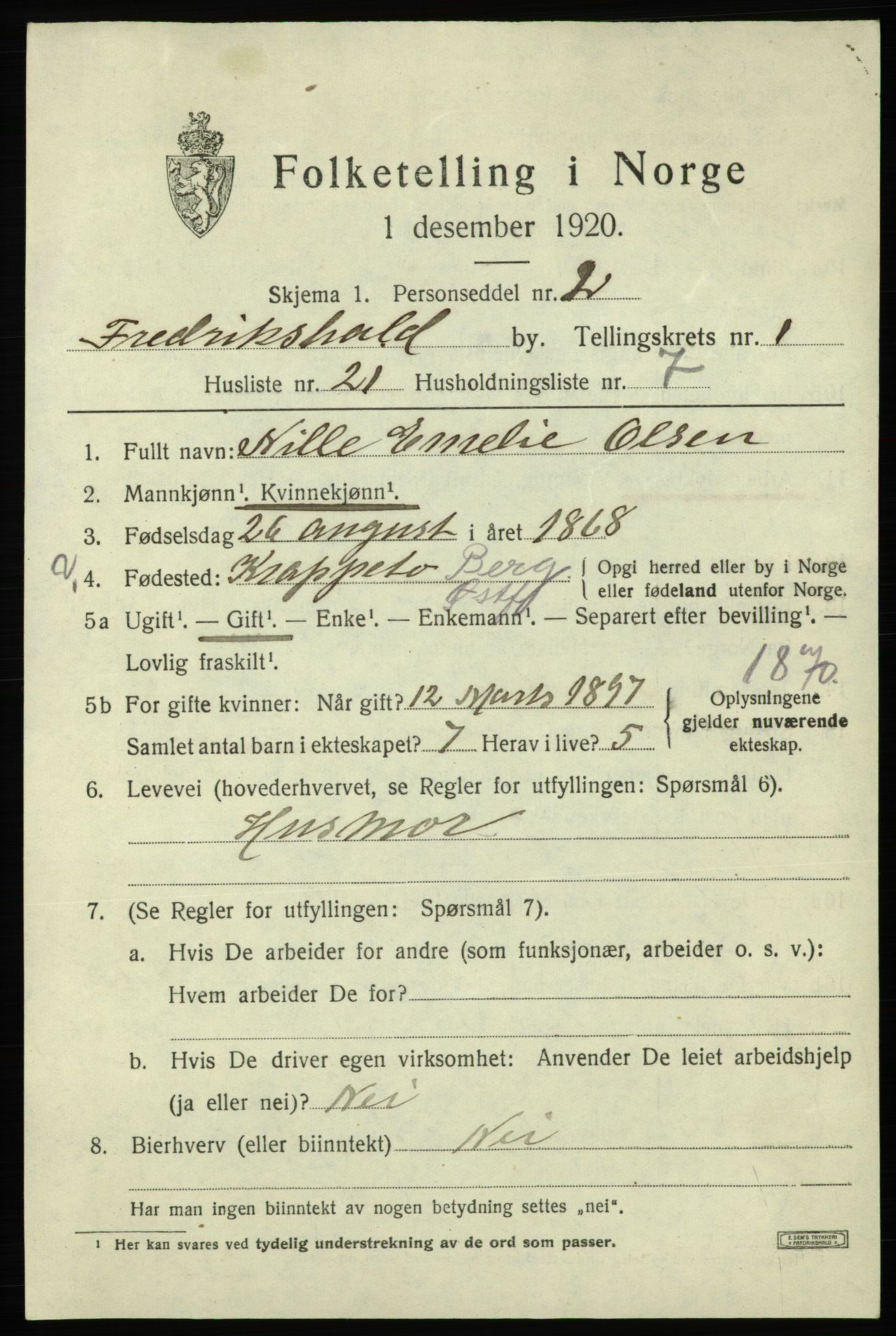 SAO, 1920 census for Fredrikshald, 1920, p. 8430