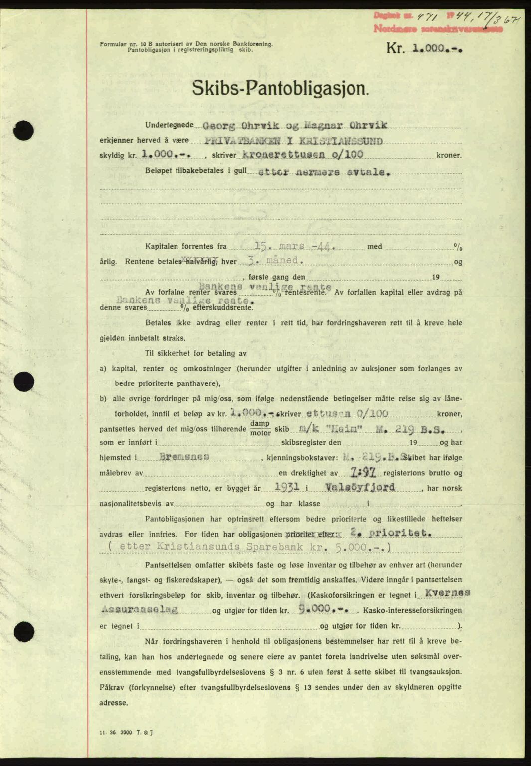 Nordmøre sorenskriveri, AV/SAT-A-4132/1/2/2Ca: Mortgage book no. B91, 1943-1944, Diary no: : 471/1944