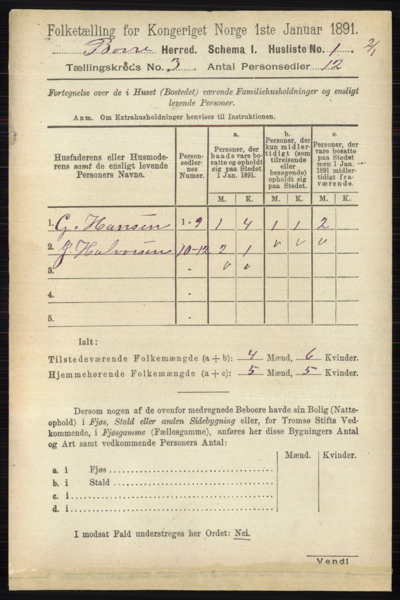 RA, 1891 census for 0717 Borre, 1891, p. 1143