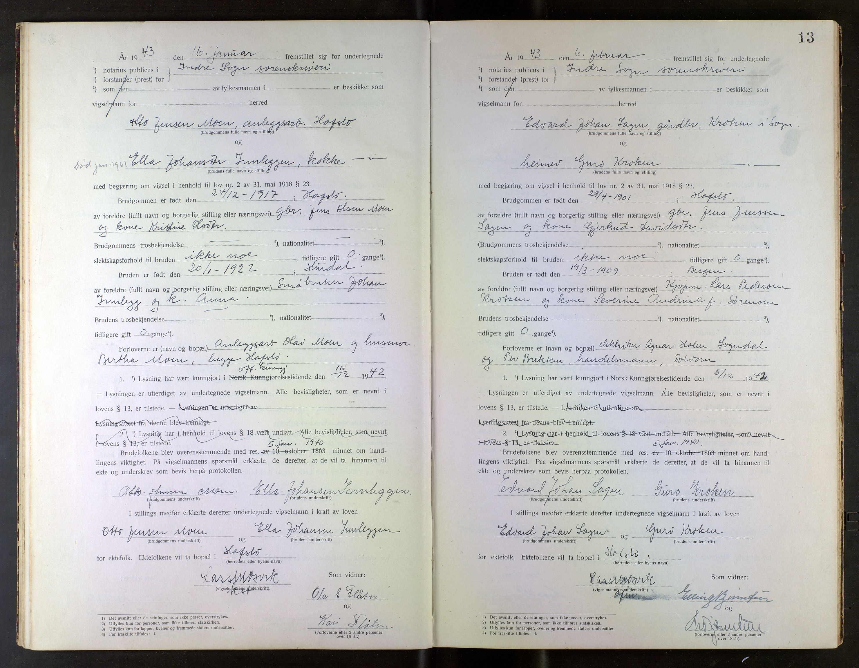 Indre Sogn tingrett, AV/SAB-A-3301/1/L/La/Laa/L0001: Vigselsbok Indre Sogn, 1938-1967, p. 13