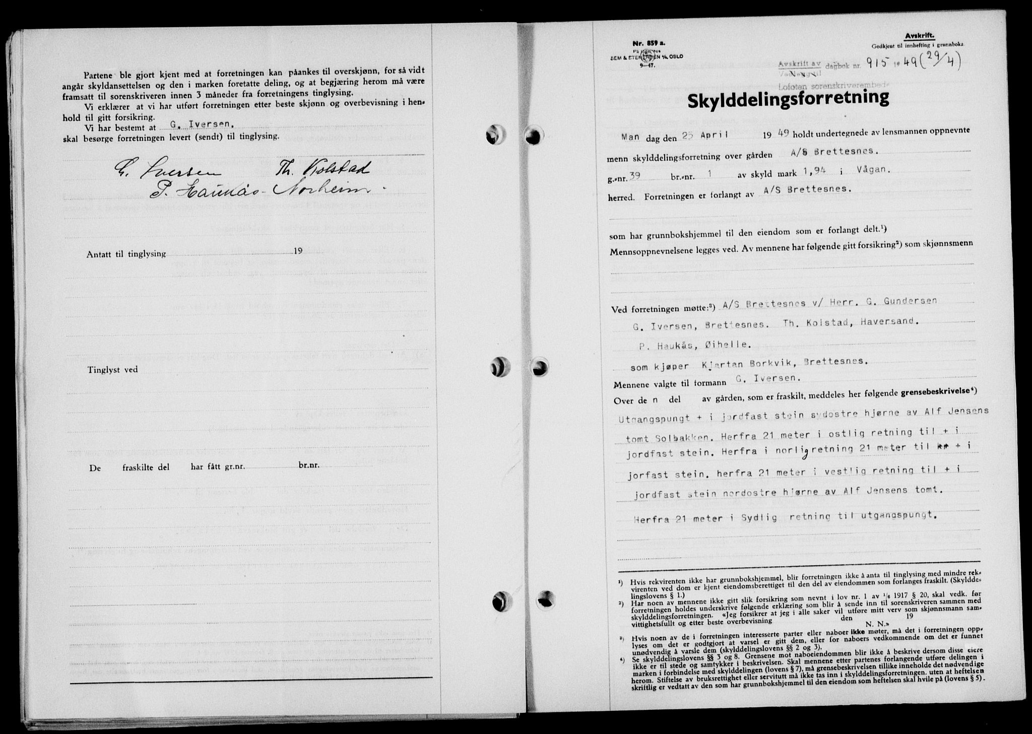 Lofoten sorenskriveri, SAT/A-0017/1/2/2C/L0020a: Mortgage book no. 20a, 1948-1949, Diary no: : 915/1949