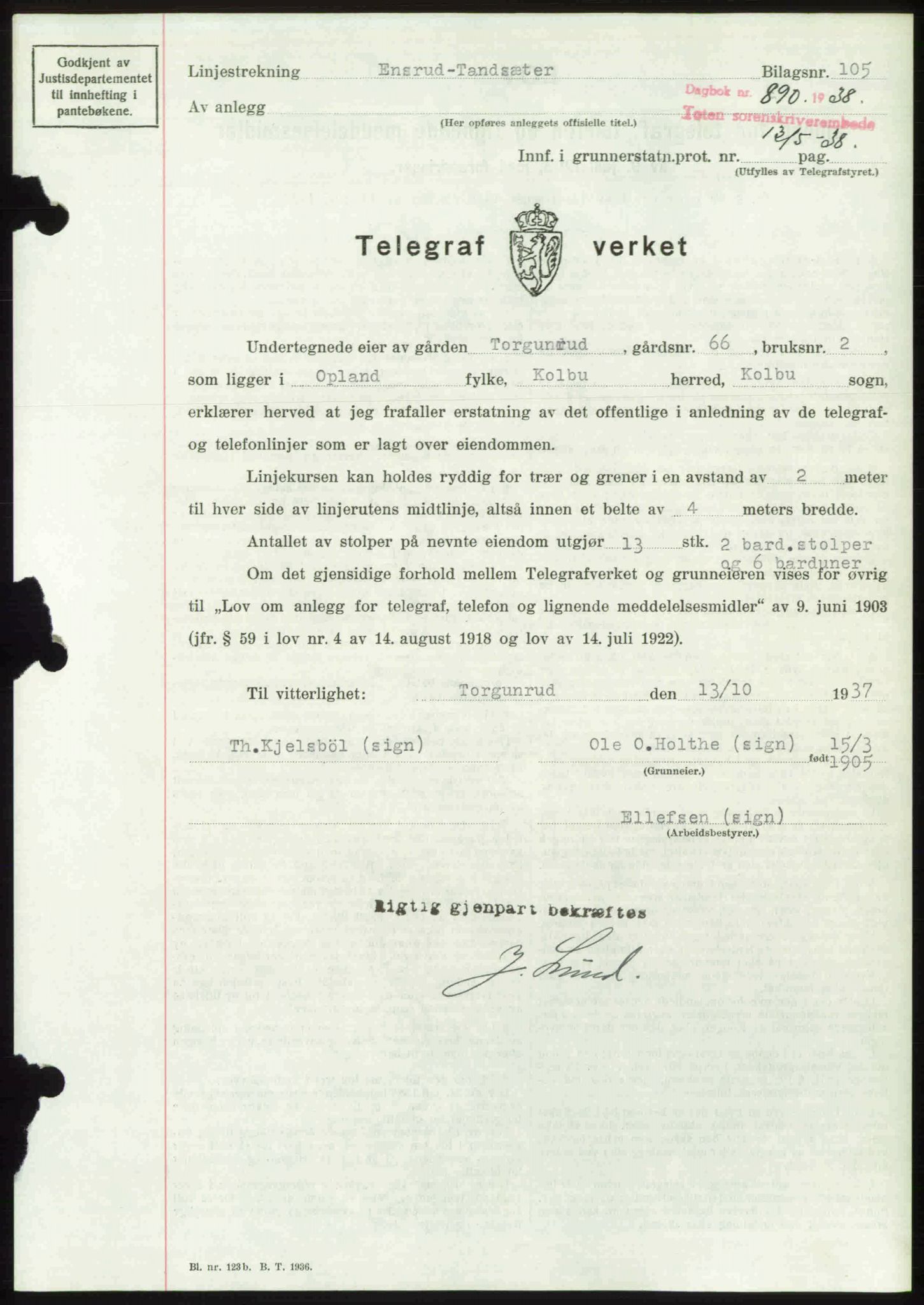 Toten tingrett, SAH/TING-006/H/Hb/Hbc/L0004: Mortgage book no. Hbc-04, 1938-1938, Diary no: : 890/1938