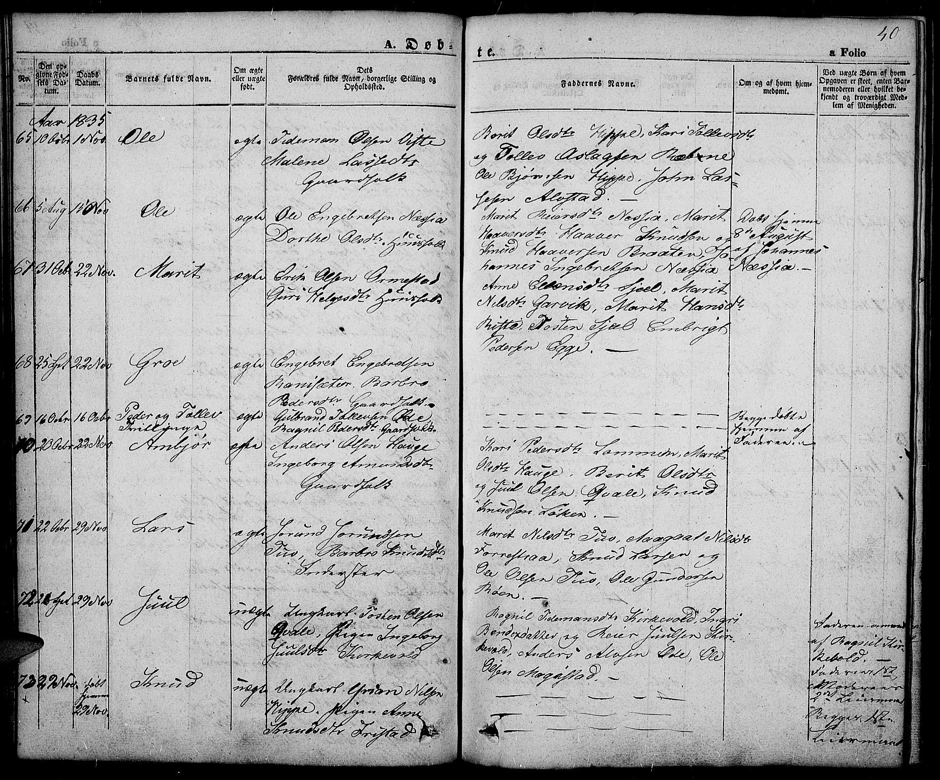 Slidre prestekontor, SAH/PREST-134/H/Ha/Haa/L0003: Parish register (official) no. 3, 1831-1843, p. 40