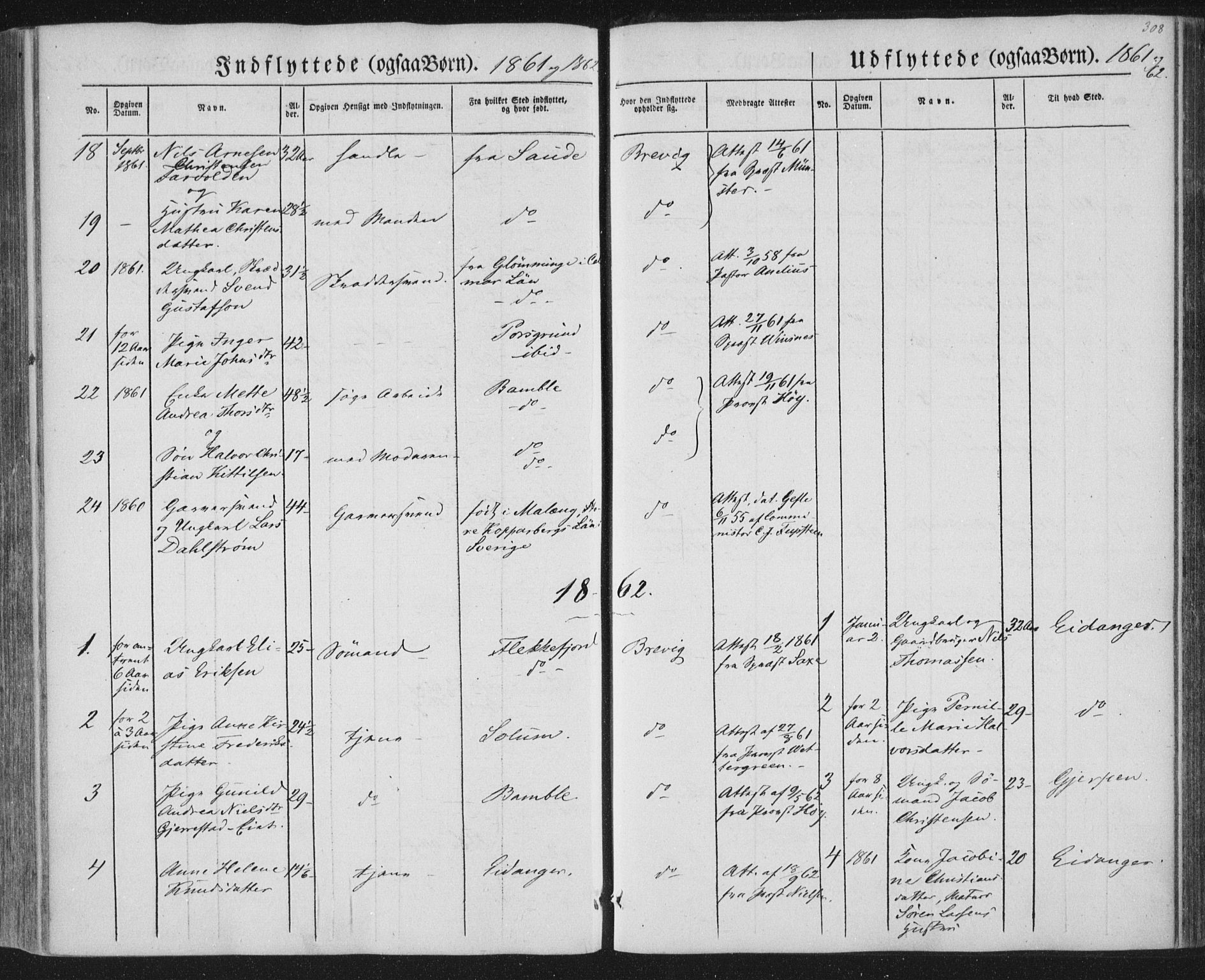 Brevik kirkebøker, AV/SAKO-A-255/F/Fa/L0005: Parish register (official) no. 5, 1847-1865, p. 308