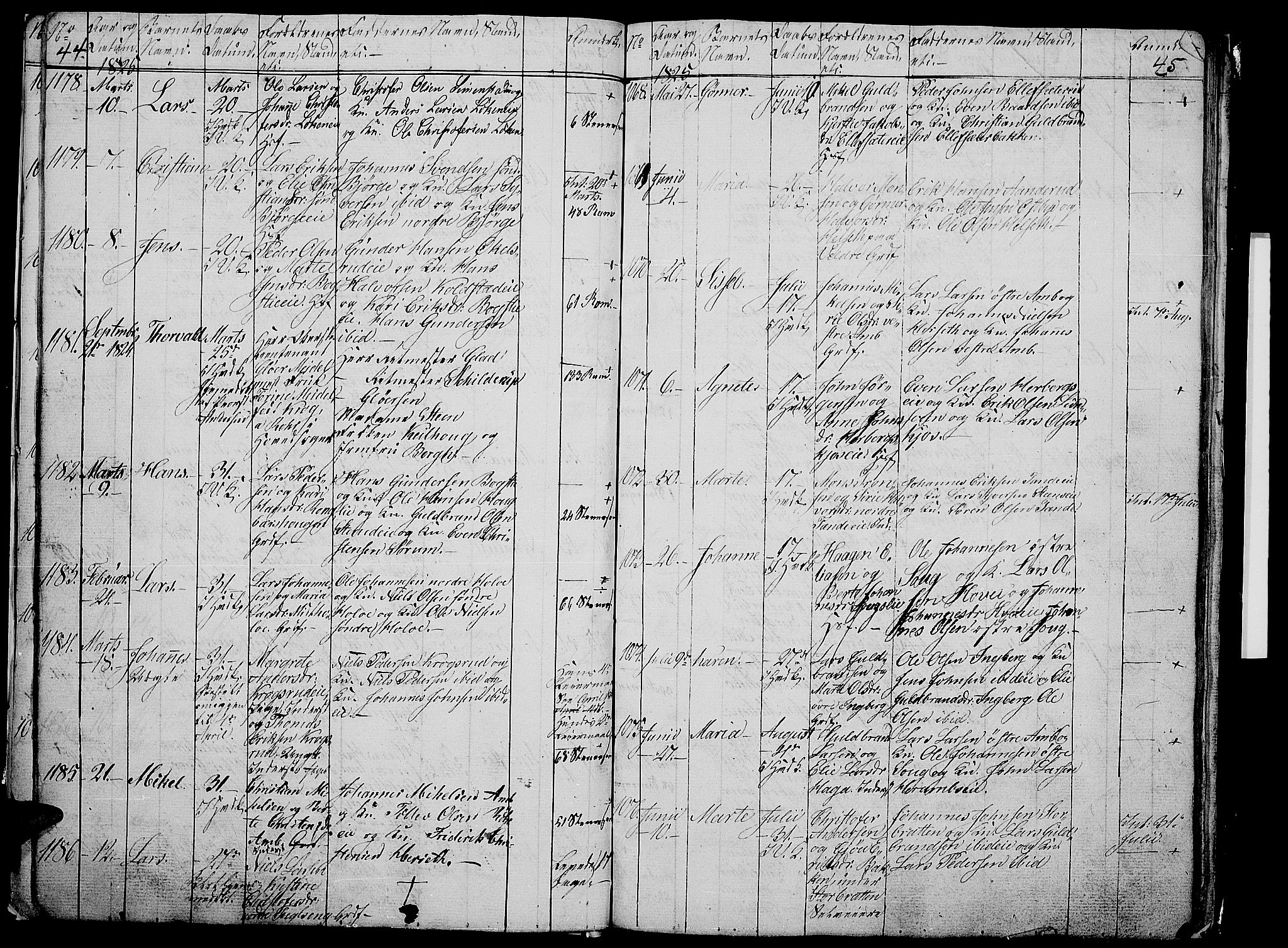 Ringsaker prestekontor, AV/SAH-PREST-014/L/La/L0003: Parish register (copy) no. 3, 1824-1826, p. 44-45