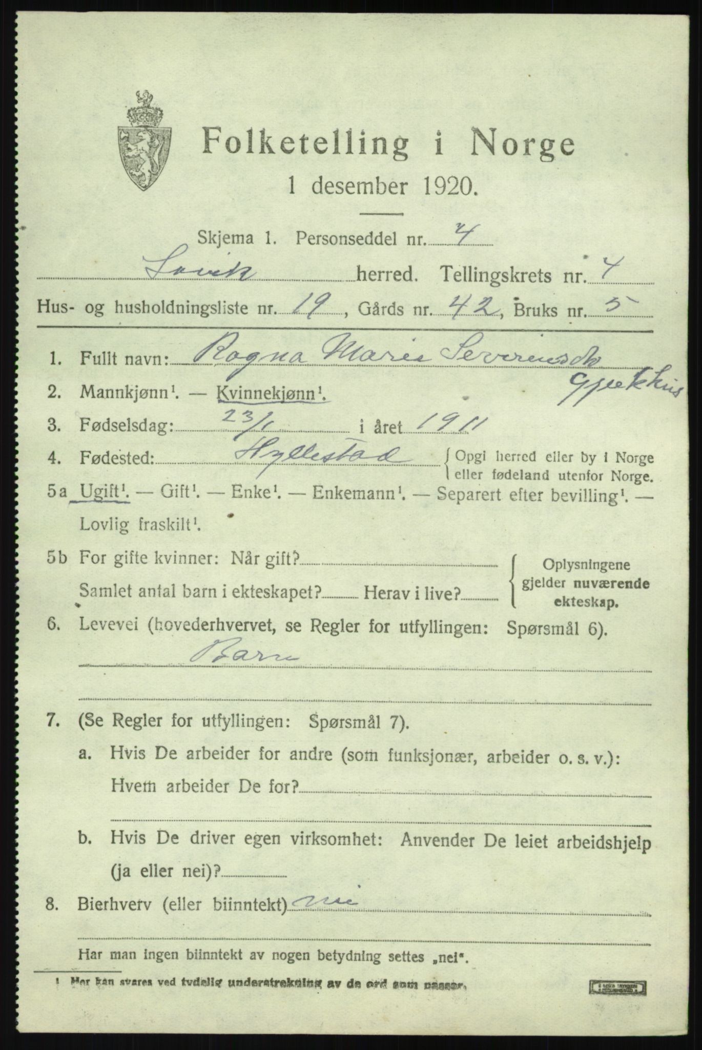 SAB, 1920 census for Lavik, 1920, p. 922