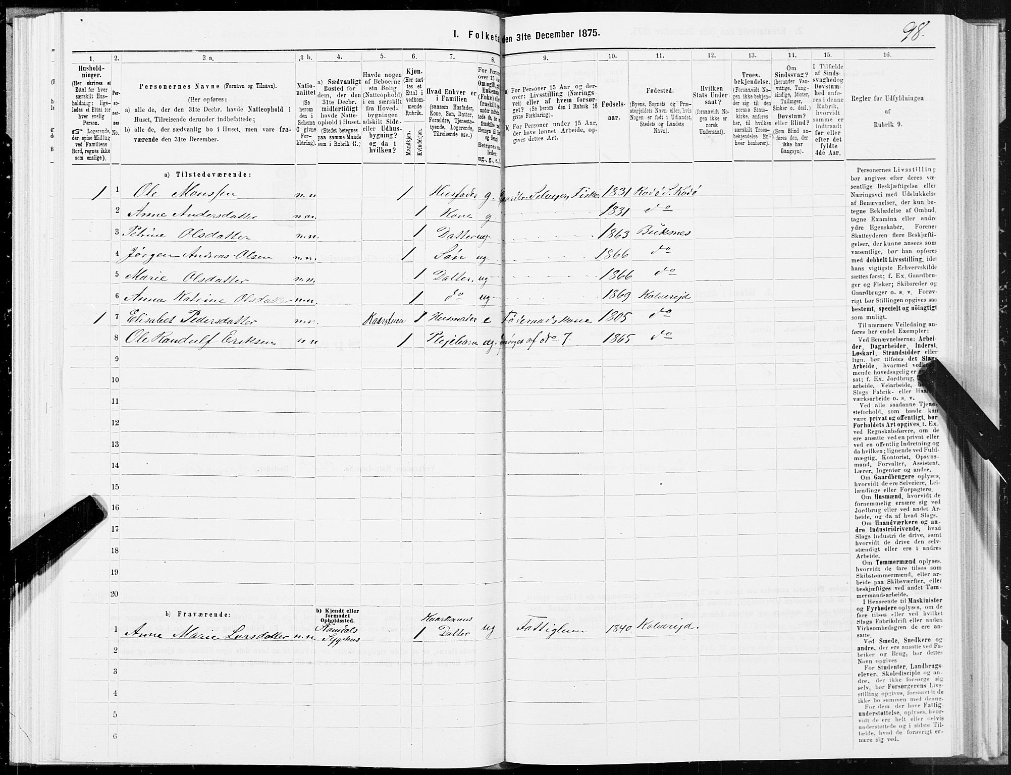 SAT, 1875 census for 1752P Kolvereid, 1875, p. 2098