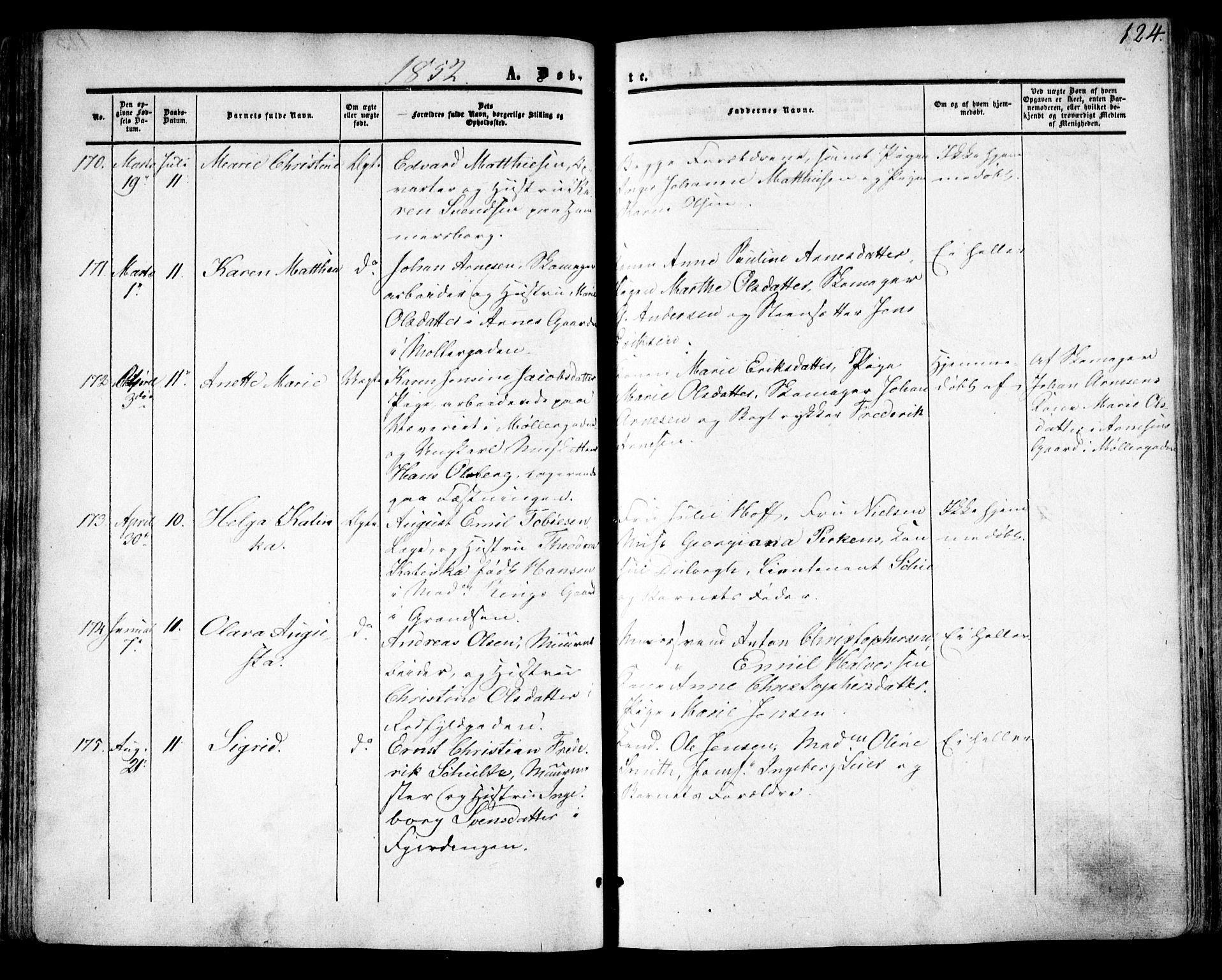 Oslo domkirke Kirkebøker, SAO/A-10752/F/Fa/L0014: Parish register (official) no. 14, 1850-1857, p. 124