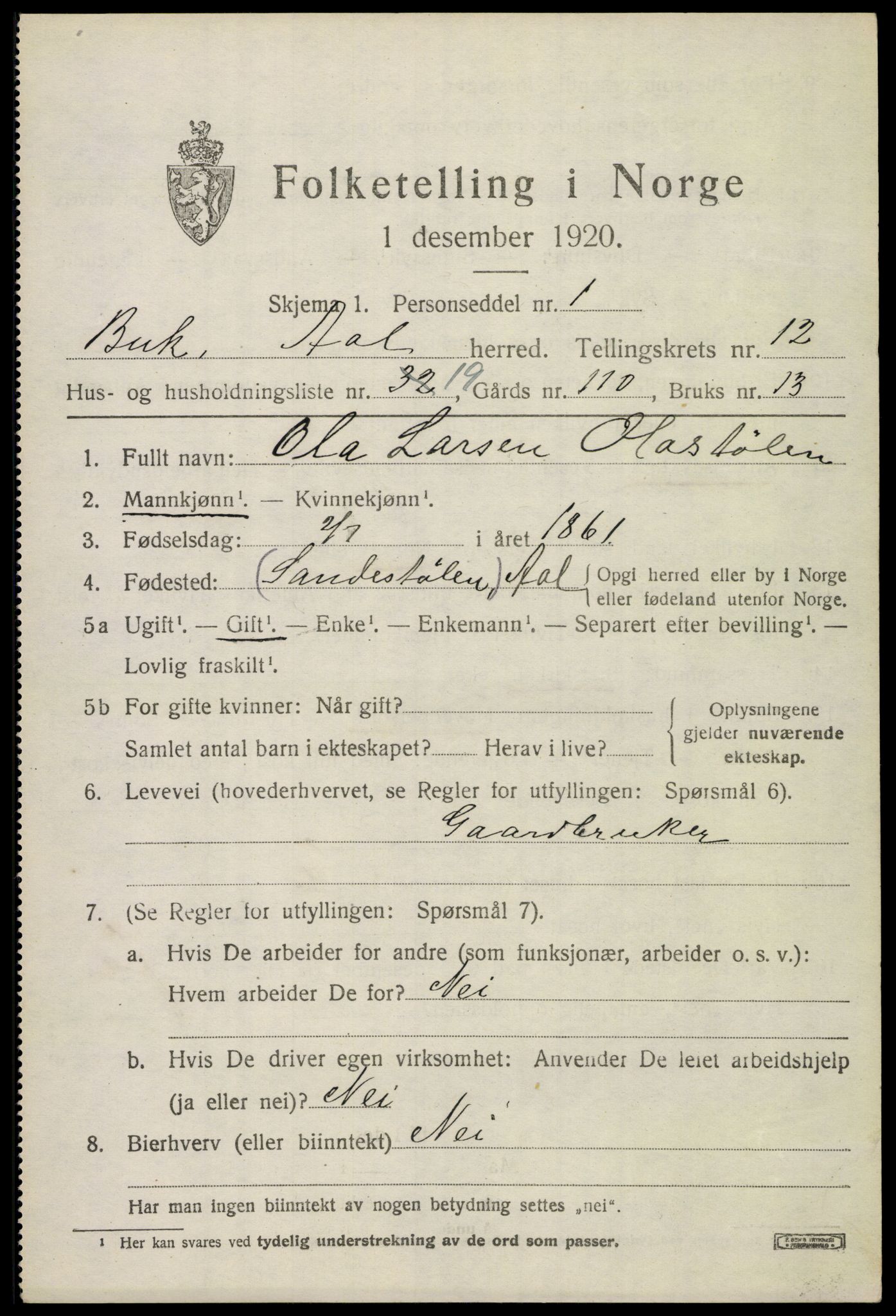 SAKO, 1920 census for Ål, 1920, p. 6842