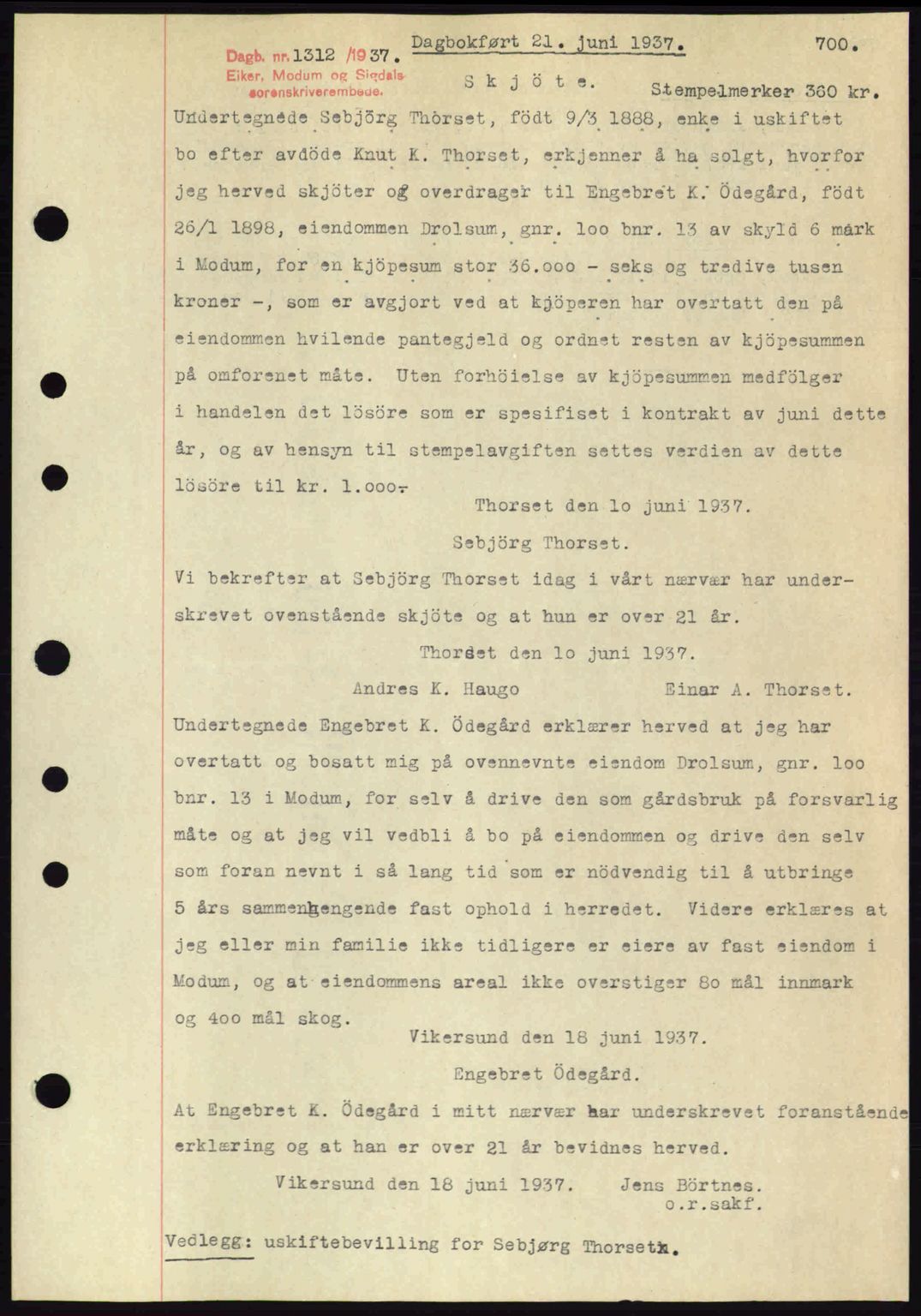 Eiker, Modum og Sigdal sorenskriveri, SAKO/A-123/G/Ga/Gab/L0035: Mortgage book no. A5, 1937-1937, Diary no: : 1312/1937