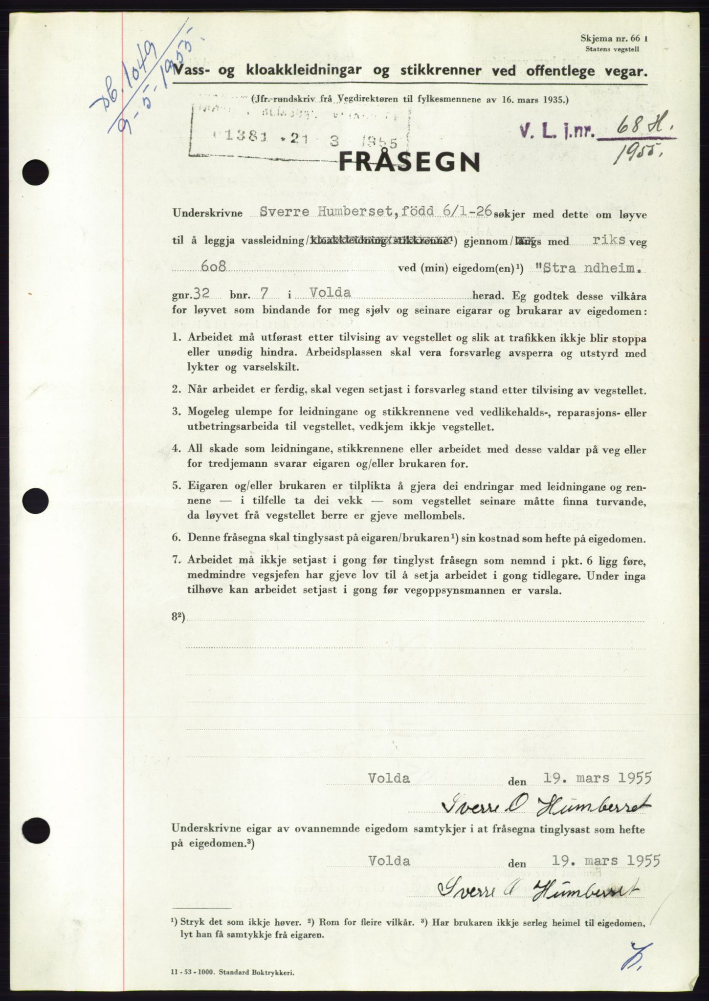 Søre Sunnmøre sorenskriveri, AV/SAT-A-4122/1/2/2C/L0100: Mortgage book no. 26A, 1954-1955, Diary no: : 1049/1955