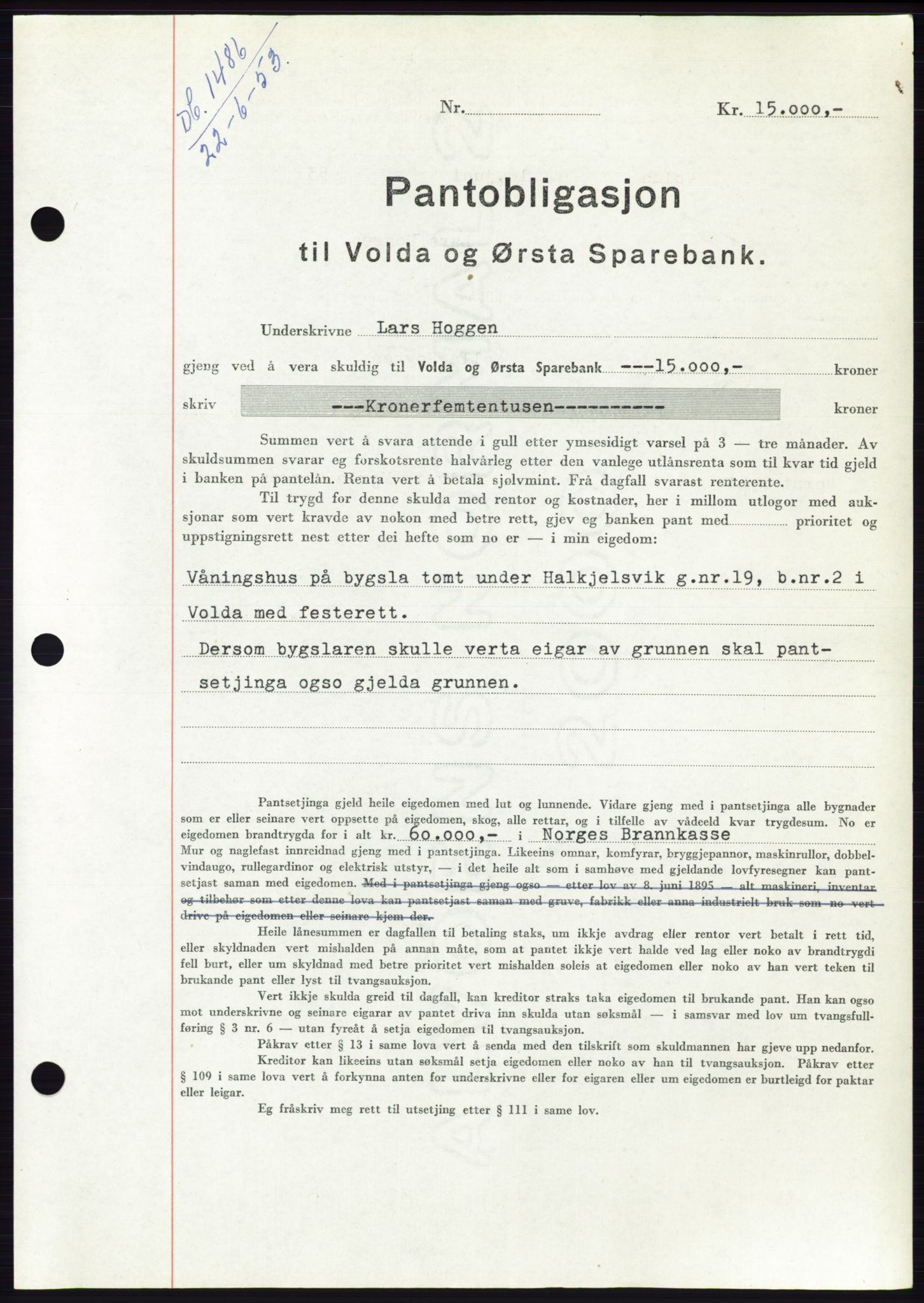 Søre Sunnmøre sorenskriveri, AV/SAT-A-4122/1/2/2C/L0123: Mortgage book no. 11B, 1953-1953, Diary no: : 1486/1953