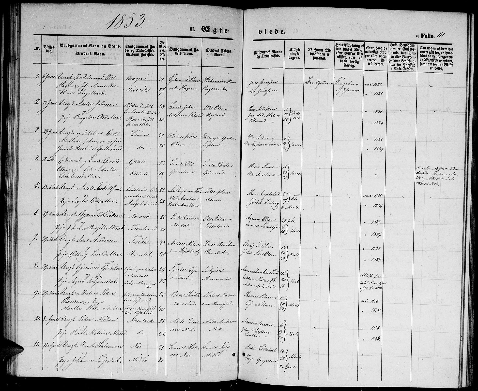 Holt sokneprestkontor, AV/SAK-1111-0021/F/Fb/L0007: Parish register (copy) no. B 7, 1849-1858, p. 111