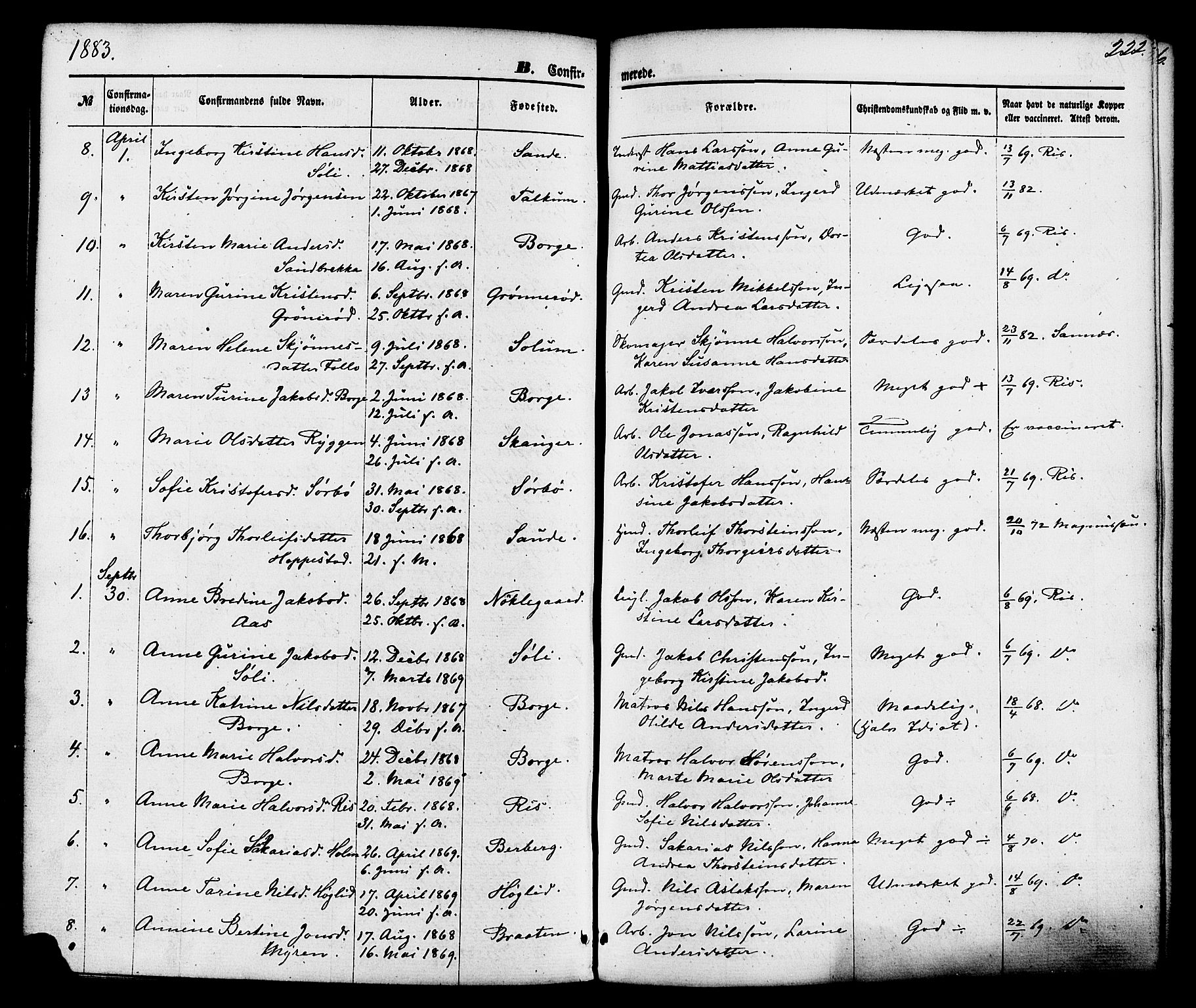 Gjerpen kirkebøker, SAKO/A-265/F/Fa/L0009: Parish register (official) no. I 9, 1872-1885, p. 222