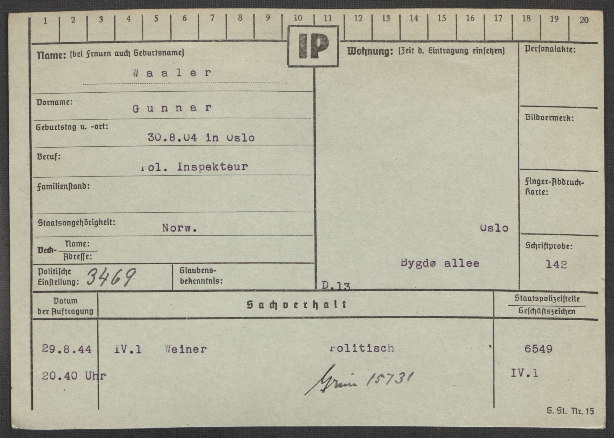 Befehlshaber der Sicherheitspolizei und des SD, AV/RA-RAFA-5969/E/Ea/Eaa/L0010: Register over norske fanger i Møllergata 19: Sø-Å, 1940-1945, p. 1162