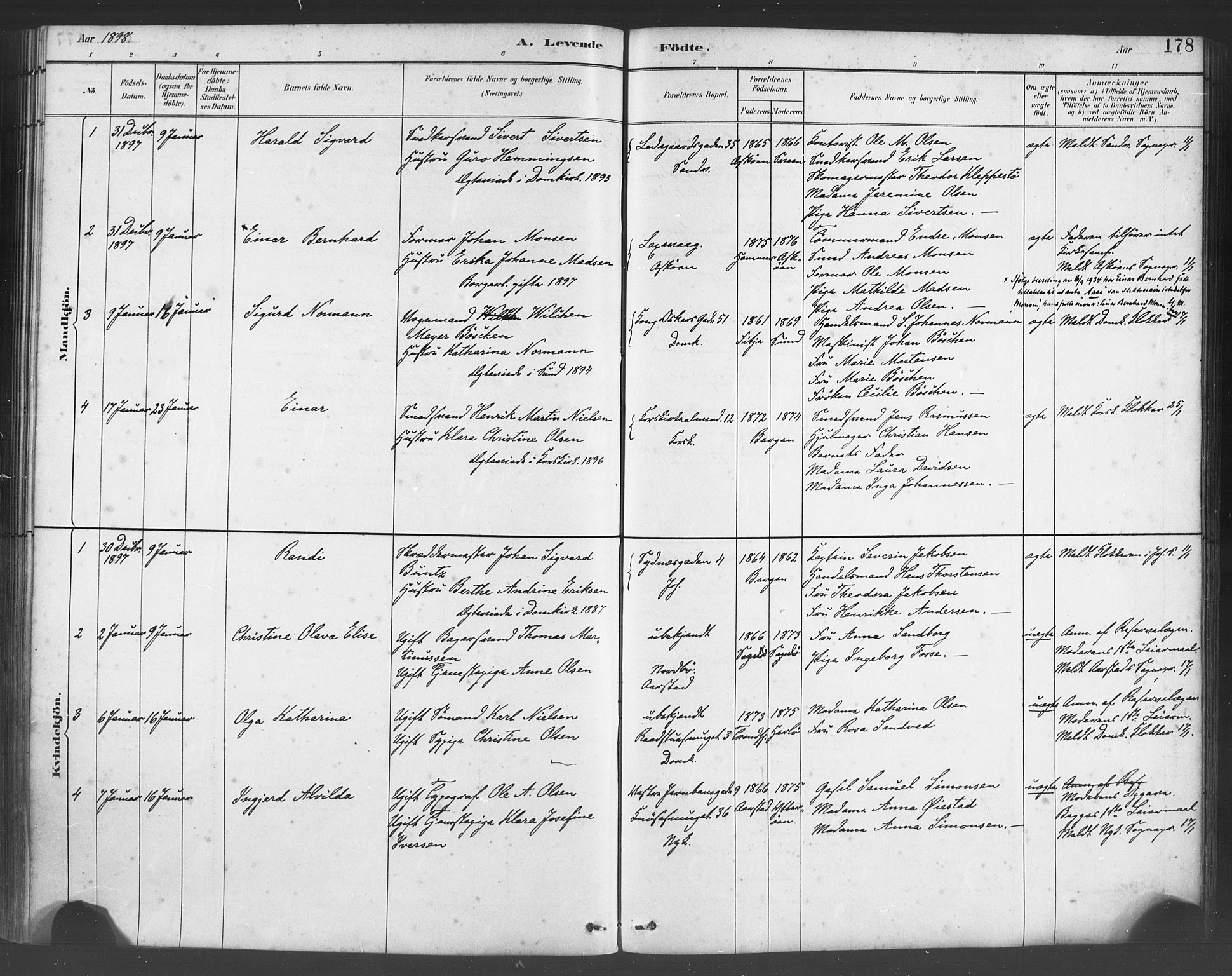Fødselsstiftelsens sokneprestembete*, SAB/-: Parish register (official) no. A 2, 1884-1900, p. 178