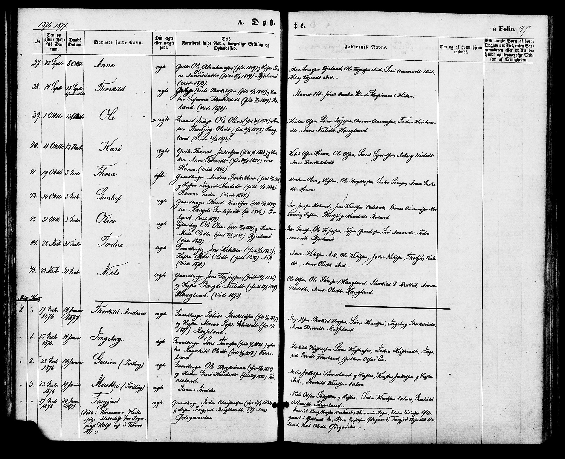 Bjelland sokneprestkontor, SAK/1111-0005/F/Fa/Faa/L0003: Parish register (official) no. A 3, 1867-1887, p. 37