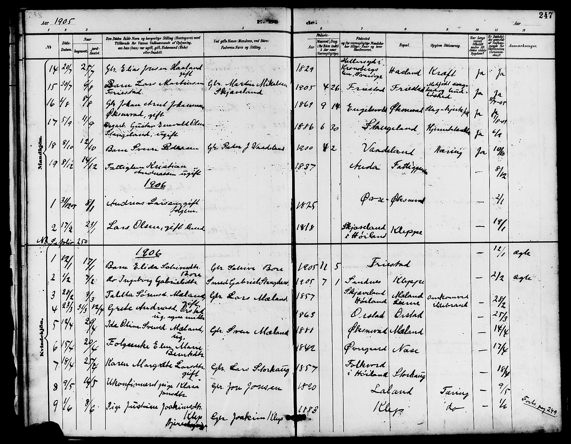 Klepp sokneprestkontor, SAST/A-101803/001/3/30BB/L0004: Parish register (copy) no. B 4, 1889-1914, p. 247