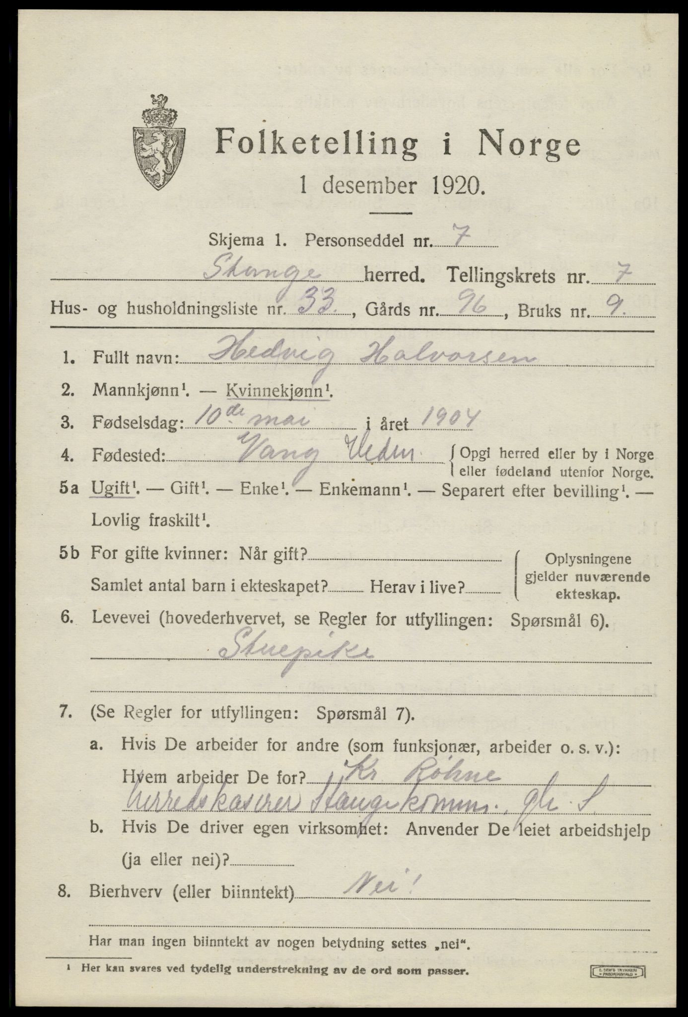 SAH, 1920 census for Stange, 1920, p. 12619