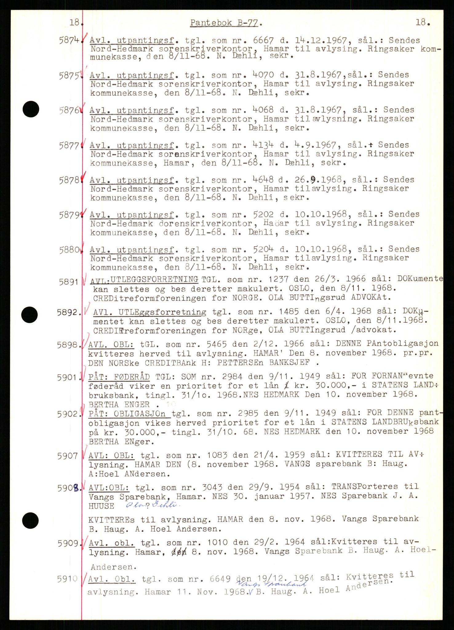 Nord-Hedmark sorenskriveri, SAH/TING-012/H/Hb/Hbf/L0077: Mortgage book no. B77, 1968-1969, Diary no: : 5874/1968