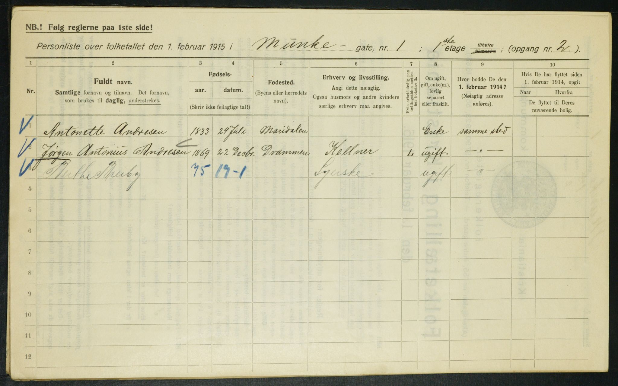 OBA, Municipal Census 1915 for Kristiania, 1915, p. 67392