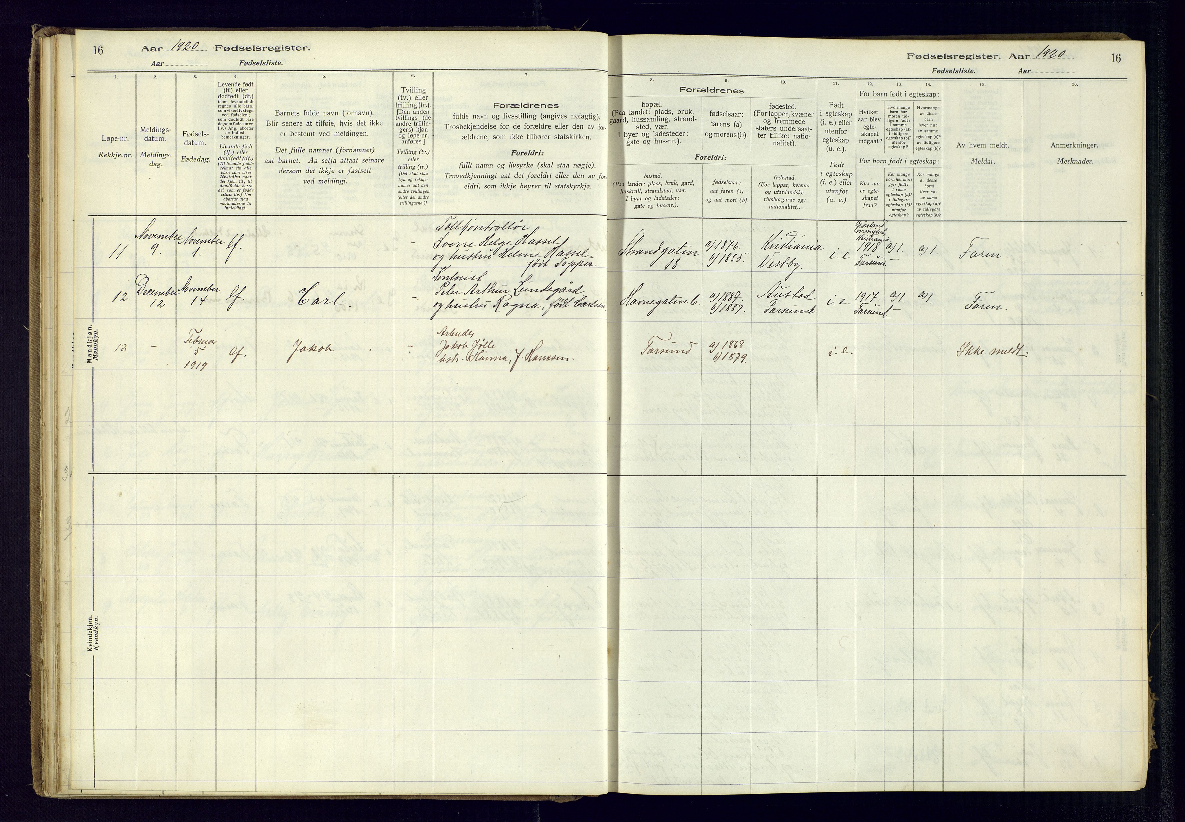 Farsund sokneprestkontor, SAK/1111-0009/J/Ja/L0001: Birth register no. A-VI-8, 1916-1950, p. 16