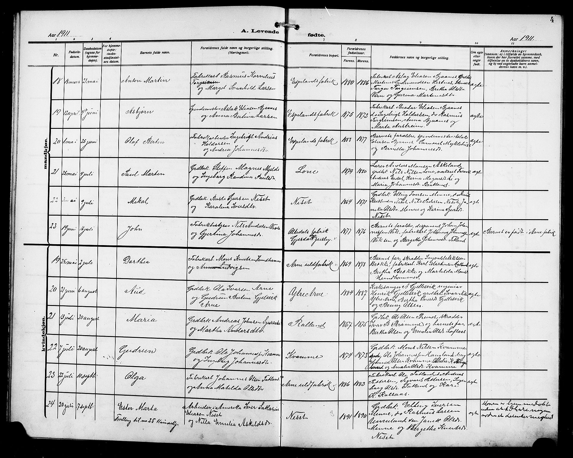 Arna sokneprestembete, AV/SAB-A-74001/H/Ha/Hab: Parish register (copy) no. A 5, 1911-1921, p. 4