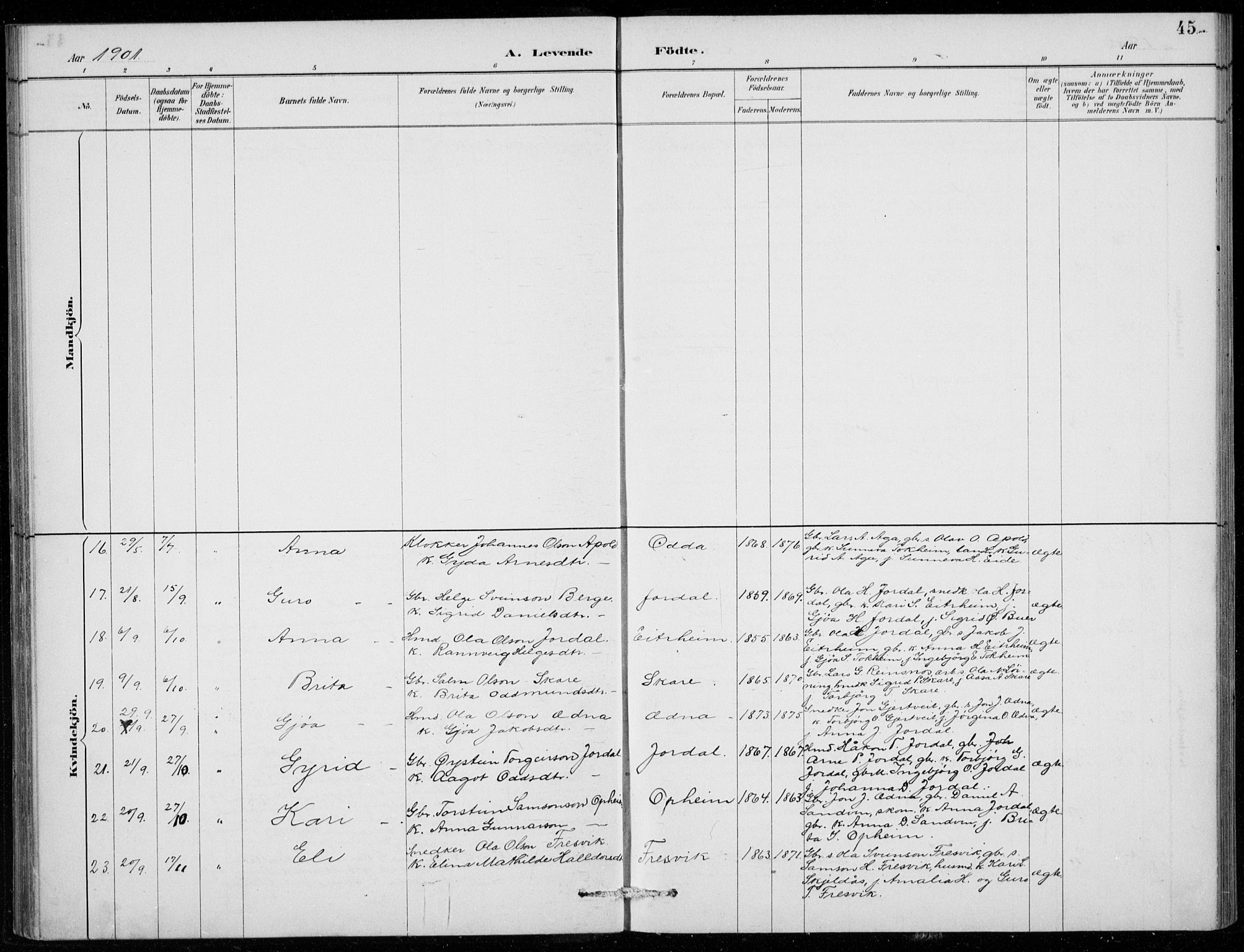 Odda Sokneprestembete, AV/SAB-A-77201/H/Hab: Parish register (copy) no. B  1, 1887-1909, p. 45