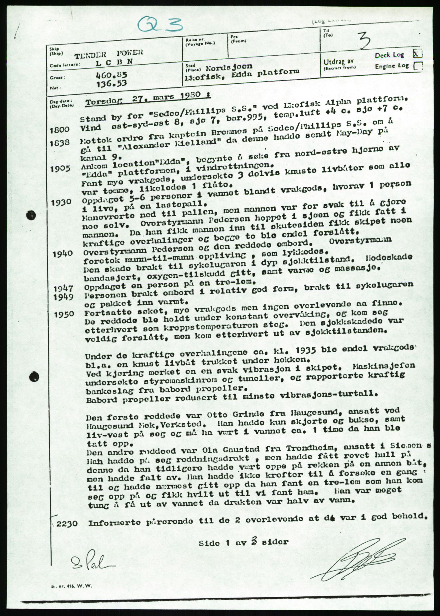 Justisdepartementet, Granskningskommisjonen ved Alexander Kielland-ulykken 27.3.1980, RA/S-1165/D/L0017: P Hjelpefartøy (Doku.liste + P1-P6 av 6)/Q Hovedredningssentralen (Q0-Q27 av 27), 1980-1981, p. 137