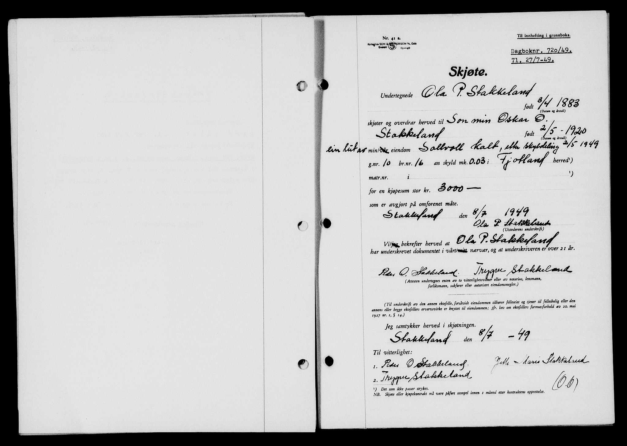 Flekkefjord sorenskriveri, SAK/1221-0001/G/Gb/Gba/L0065: Mortgage book no. A-13, 1949-1949, Diary no: : 720/1949