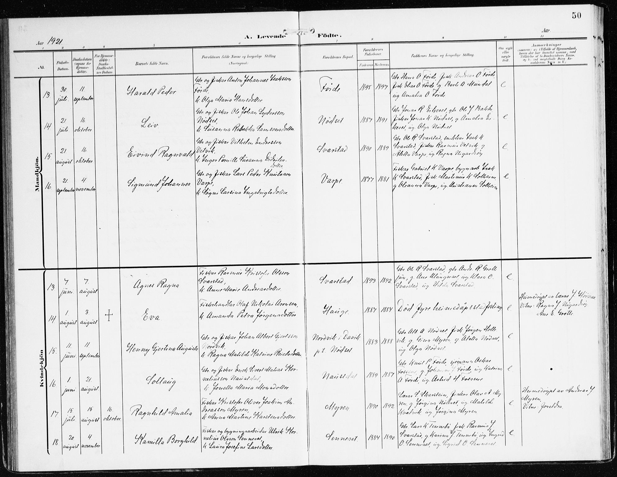 Bremanger sokneprestembete, SAB/A-82201/H/Haa/Haac/L0001: Parish register (official) no. C 1, 1908-1921, p. 50